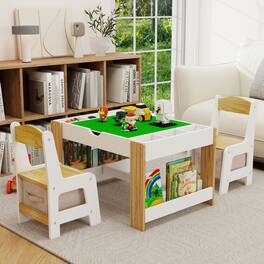 GOODSILO - 2-in-1 Kids Play Table & 2 Chair Set with Storage, LEGO Compatible Activity Table - White+Green