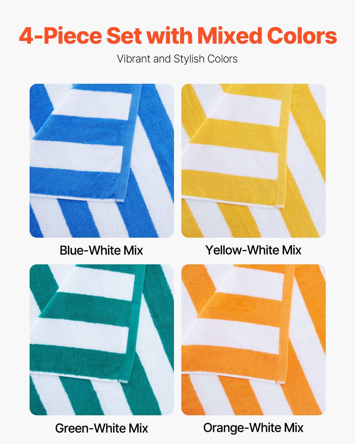 4-Piece Set with Mixed Colors  
Vibrant and Stylish Colors  

Blue-White Mix  
Yellow-White Mix  
Green-White Mix  
Orange-White Mix