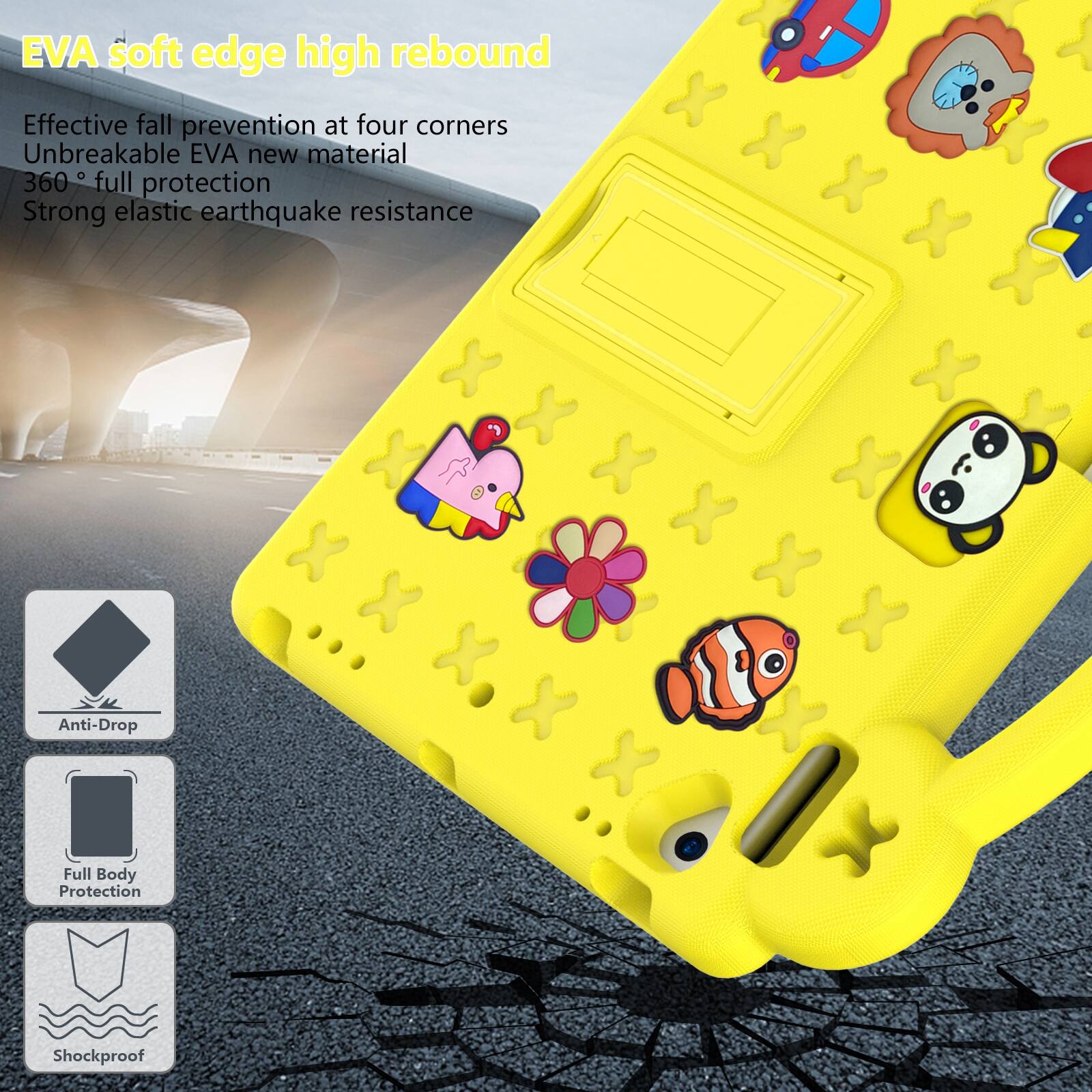 EVA soft edge high rebound  
Effective fall prevention at four corners  
Unbreakable EVA new material  
360° full protection  
Strong elastic earthquake resistance  

Anti-Drop  
Full Body Protection  
Shockproof