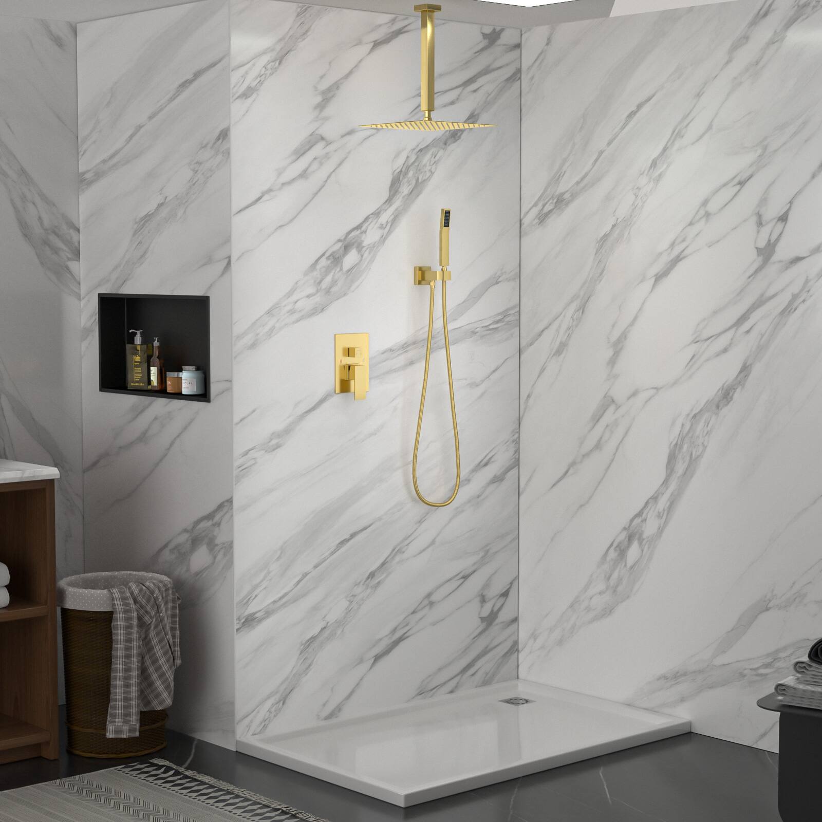 Left. Lordear - Dual Shower Head - 10 Inch Ceiling Mount Square Shower System with Rough-in Valve,Gold - Gold.