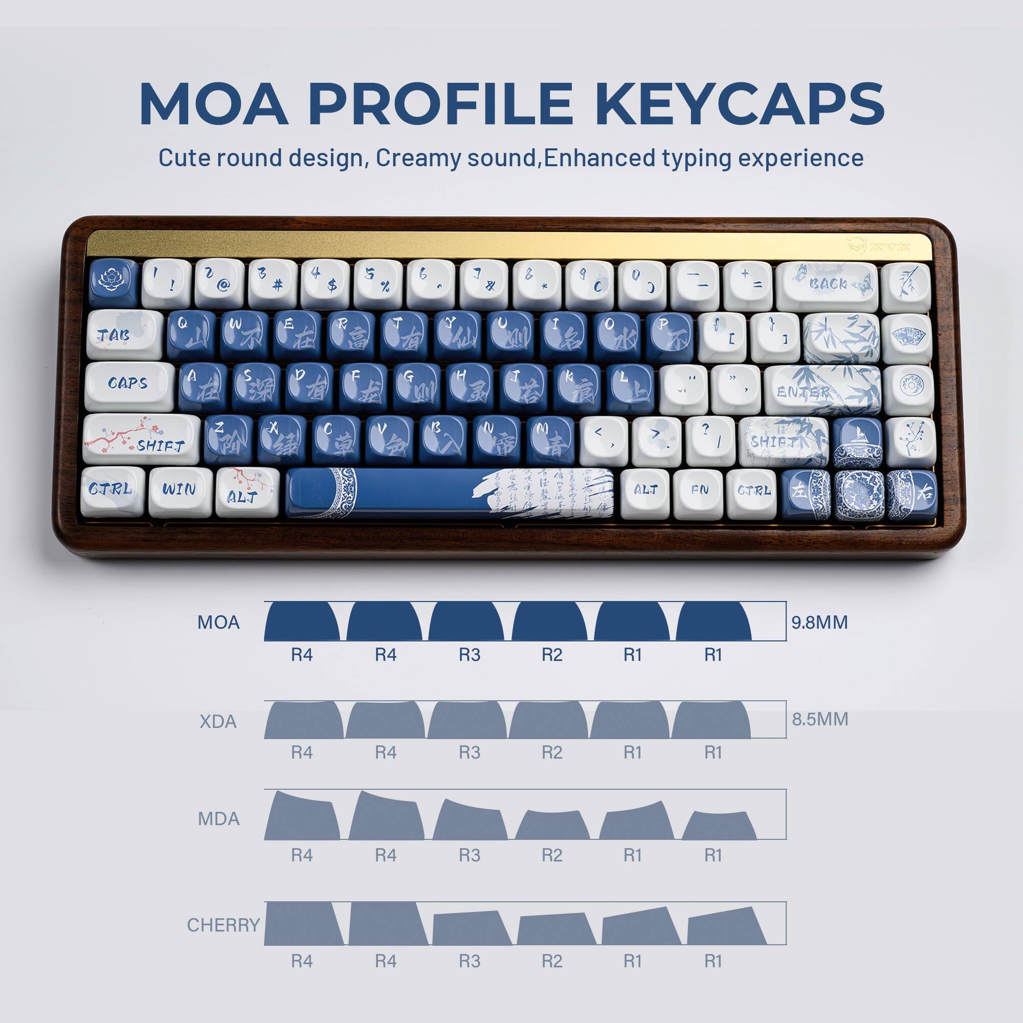 MOA PROFILE KEYCAPS  
Cute round design, Creamy sound, Enhanced typing experience  

MOA  
R4 R4 R3 R2 R1 R1  
9.8MM  

XDA  
R4 R4 R3 R2 R1 R1  
8.5MM  

MDA  
R4 R4 R3 R2 R1 R1  

CHERRY  
R4 R4 R3 R2 R1 R1