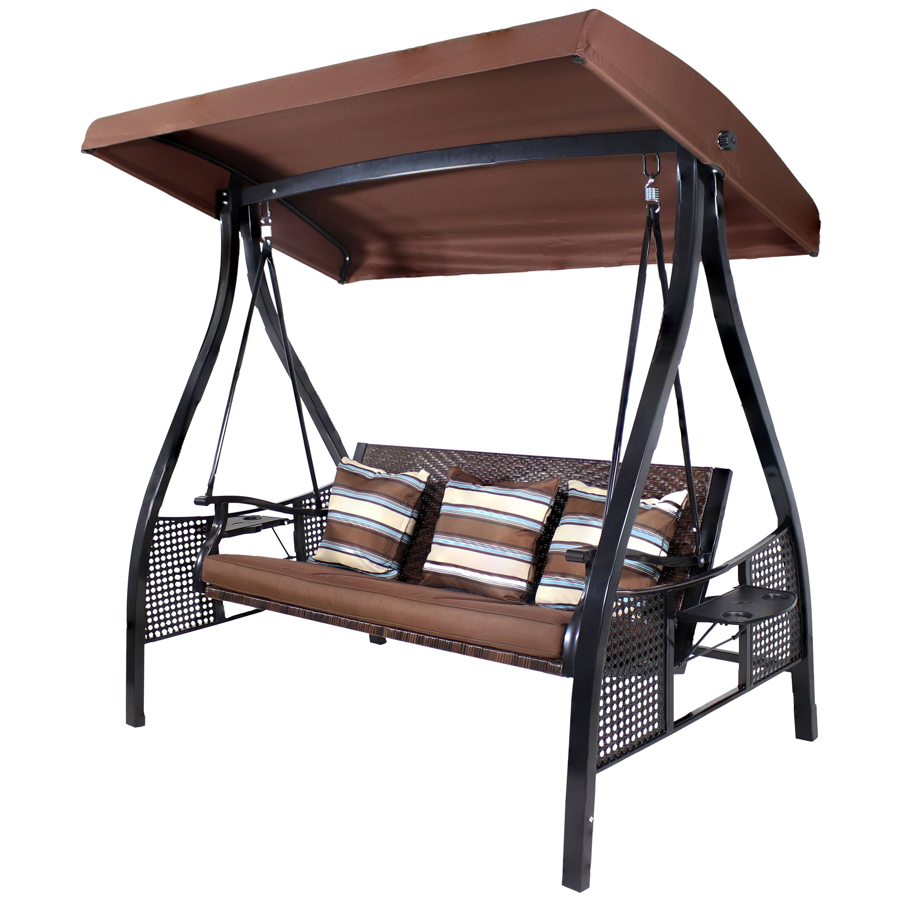 Alt View 8. Sunnydaze - 3-Person Steel Patio Swing Bench with Side Tables/Canopy - Brown Stripe/Black Frame.