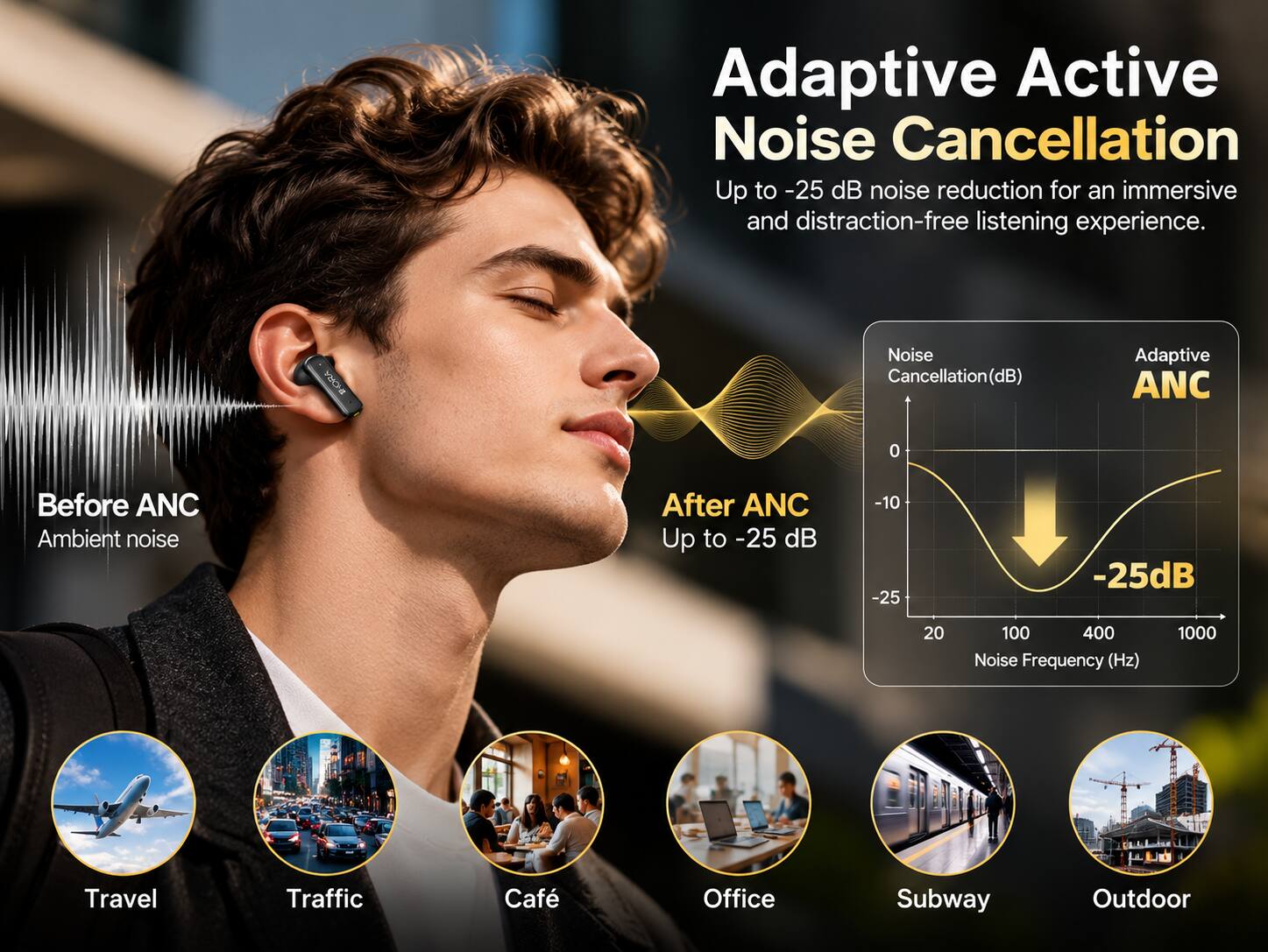 Adaptive Active Noise Cancellation  
Up to -25 dB noise reduction for an immersive and distraction-free listening experience.

Noise Cancellation (dB)  
Adaptive ANC

Before ANC  
Ambient noise

After ANC  
Up to -25 dB

-25dB

20 100 400 Noise Frequency (Hz) 1000

Travel  
Traffic  
Café  
Office  
Subway  
Outdoor