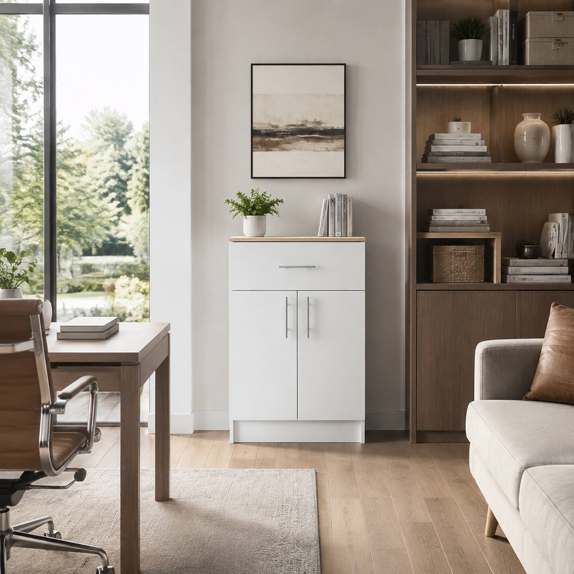 Left. RYHNUYNE - Freestanding 33 Inch Pantry Organizer Cabinet with One Drawer and Two Doors, White and Light Oak - White + Light Oak.