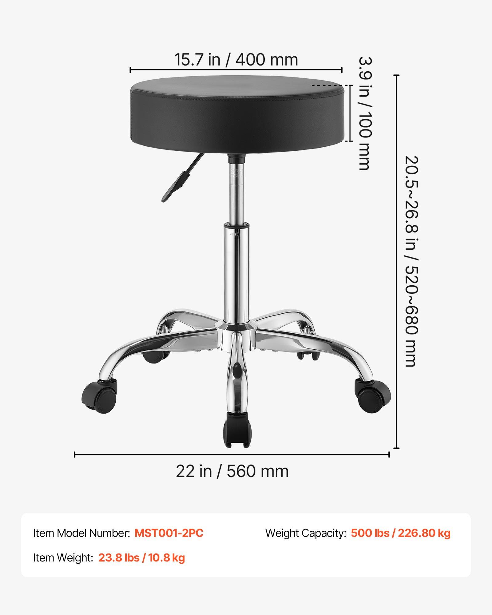 15.7 in / 400 mm  
3.9 in / 100 mm  
20.5~26.8 in / 520~680 mm  
22 in / 560 mm  

Item Model Number: MST001-2PC  
Weight Capacity: 500 lbs / 226.80 kg  
Item Weight: 23.8 lbs / 10.8 kg