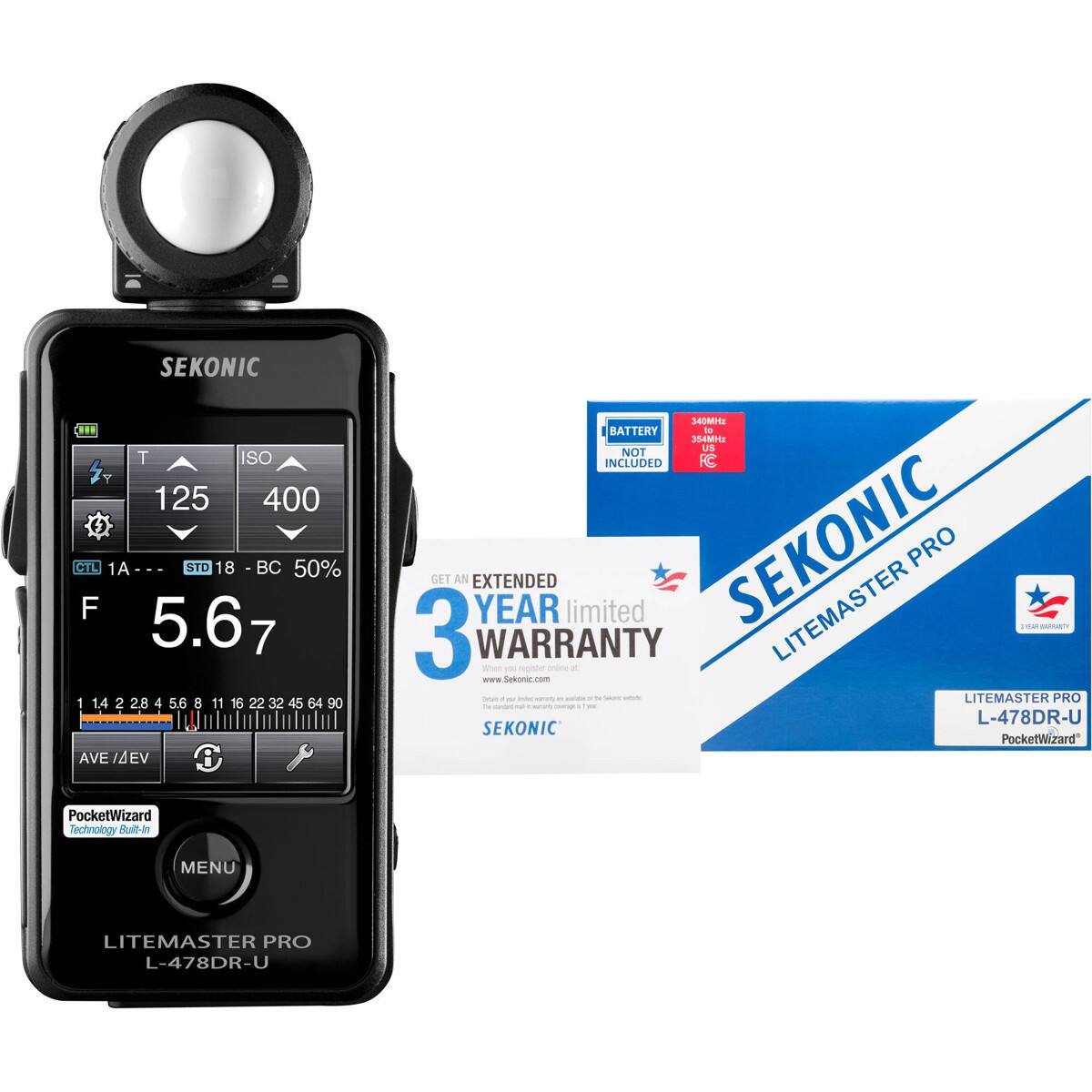 SEKONIC LITEMASTER PRO L-478DR-U

ISO 125 400
CTL 1A - STD 18 - BC 50%
F 5.6

1 1.4 2 2.8 4 5.6 8 11 16 22 32 45 64 90

AVE 14 EV O 340

BATTERY - 304 NOT INCLUDED

FC GLT AN EXTENDED YEAR LIMITED WARRANTY

PocketWizard Technology Built-in

www.Sekonic.com