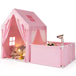 Gymax - Kids Play Tent w/Playpen Yard Door Curtains Windows Star Lights for Boys Girls - Pink