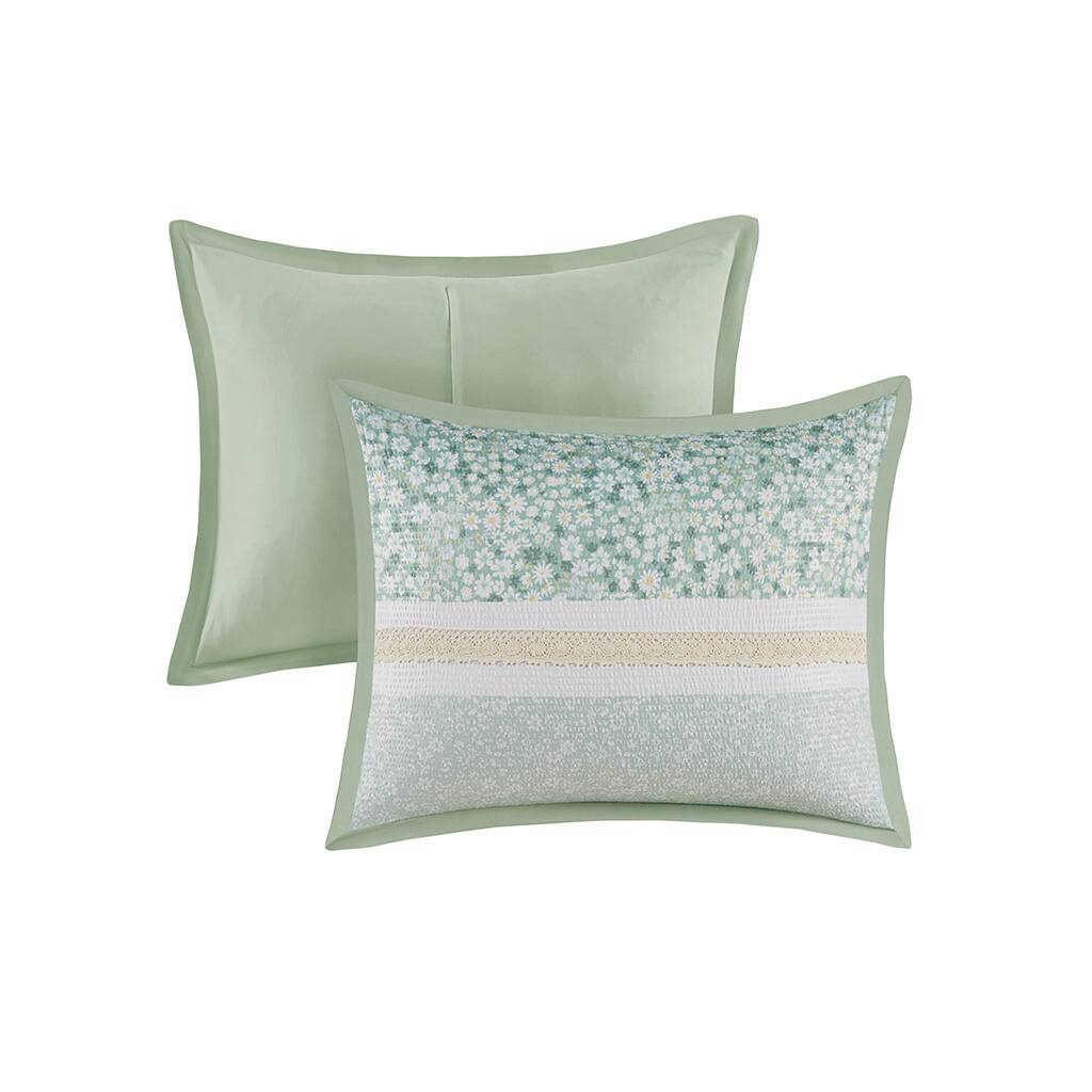 Back. TinyHomie - Full/Queen 5 Piece Seersucker Comforter Set with Throw Pillows - Green.