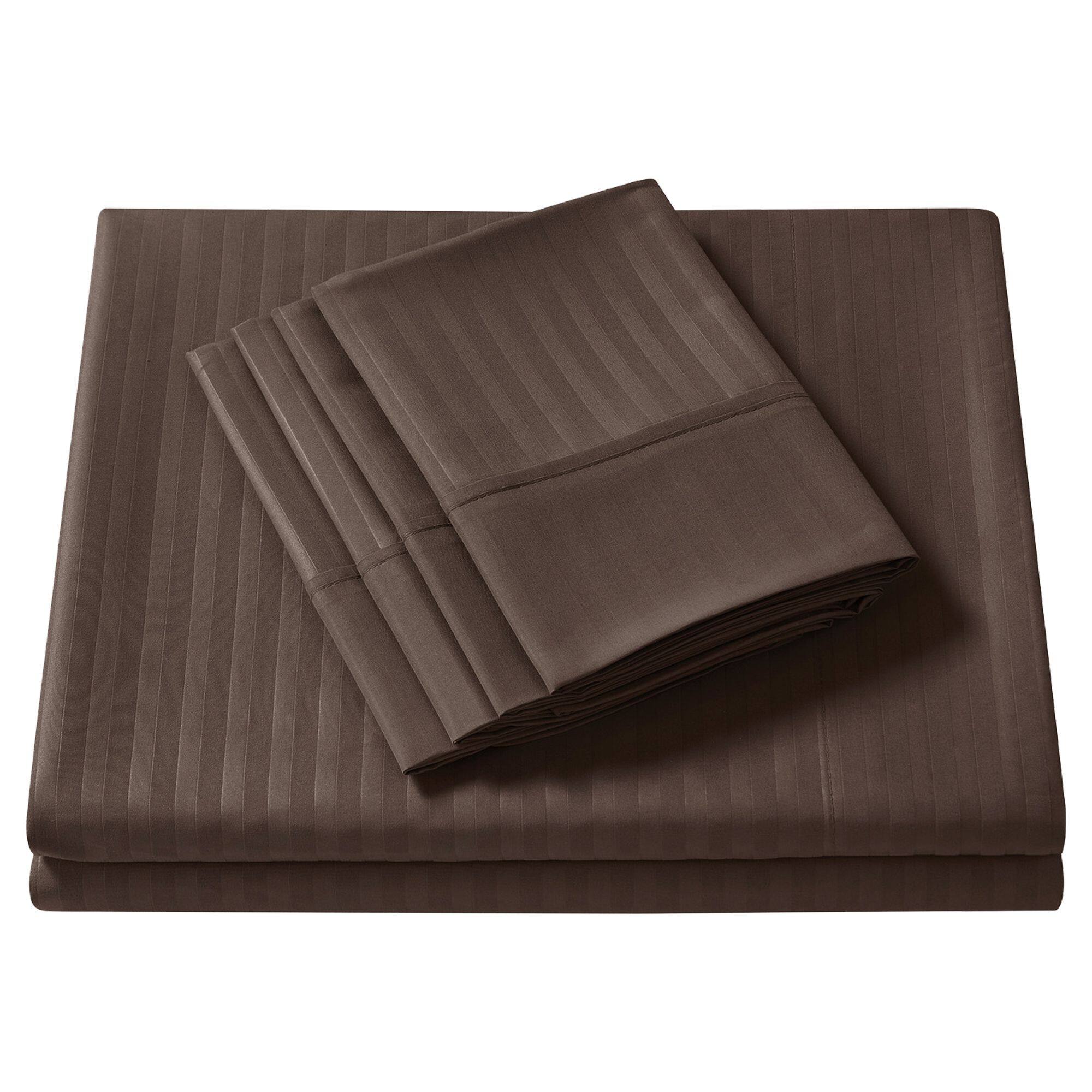 Angle. Sweet Home Collection - 6 Piece Embossed Dobby Stripe Sheet Set, Double Brushed Microfiber, Full - Coffee.