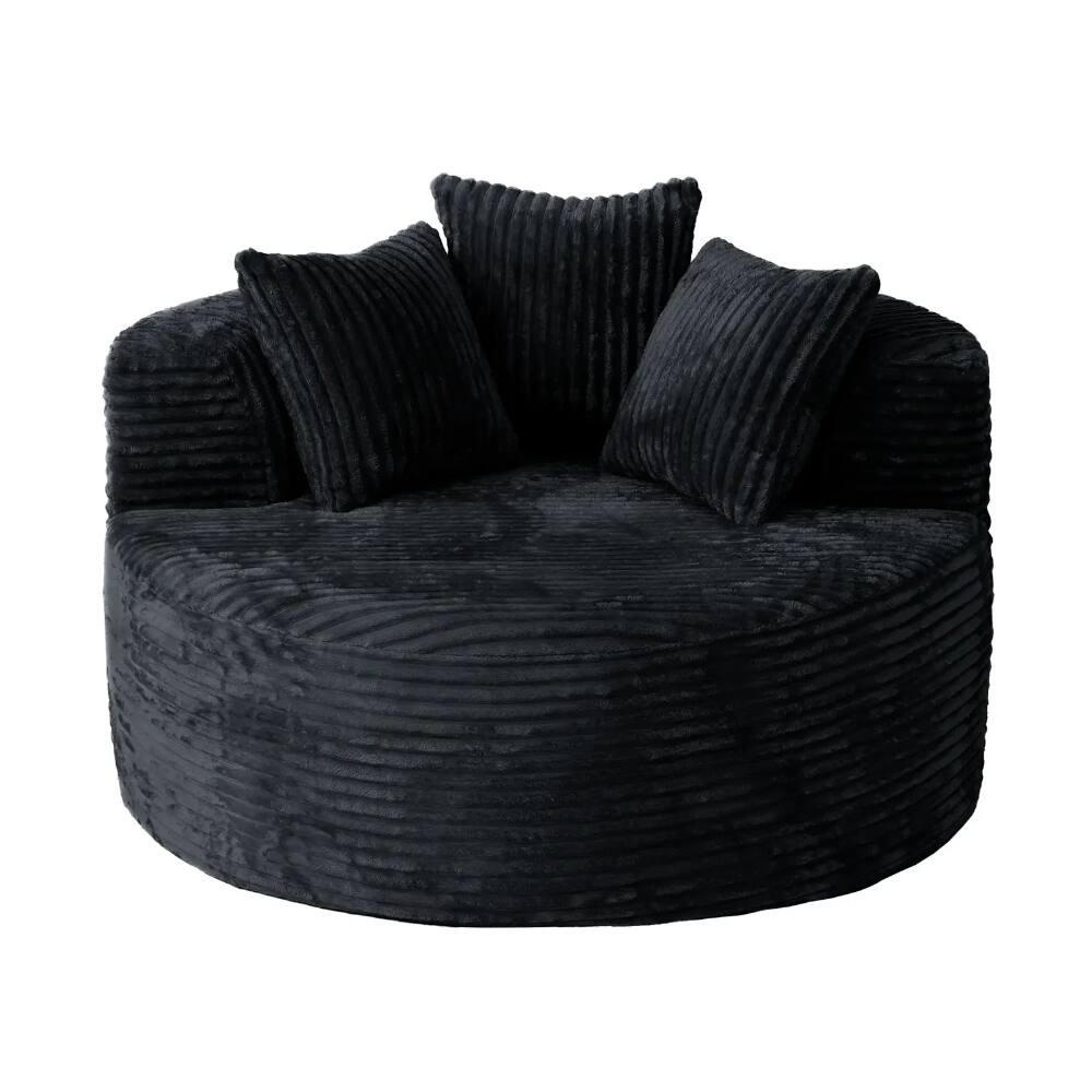 Back. Yardgrace - Oversized Round Lazy Sofa Chair,Corduroy Deep Seat Single Sleeper Sofas, Upholstered Chaise, Cloud Couch for Living Room - Black.