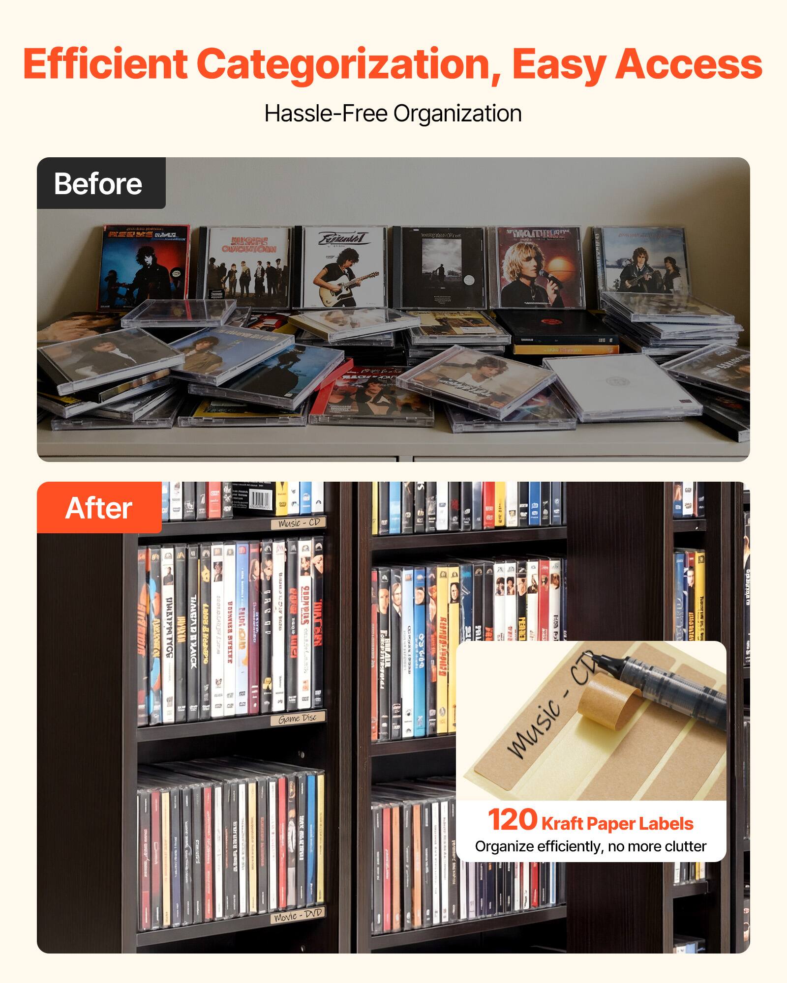 Efficient Categorization, Easy Access  
Hassle-Free Organization

Before

After

120 Kraft Paper Labels  
Organize efficiently, no more clutter