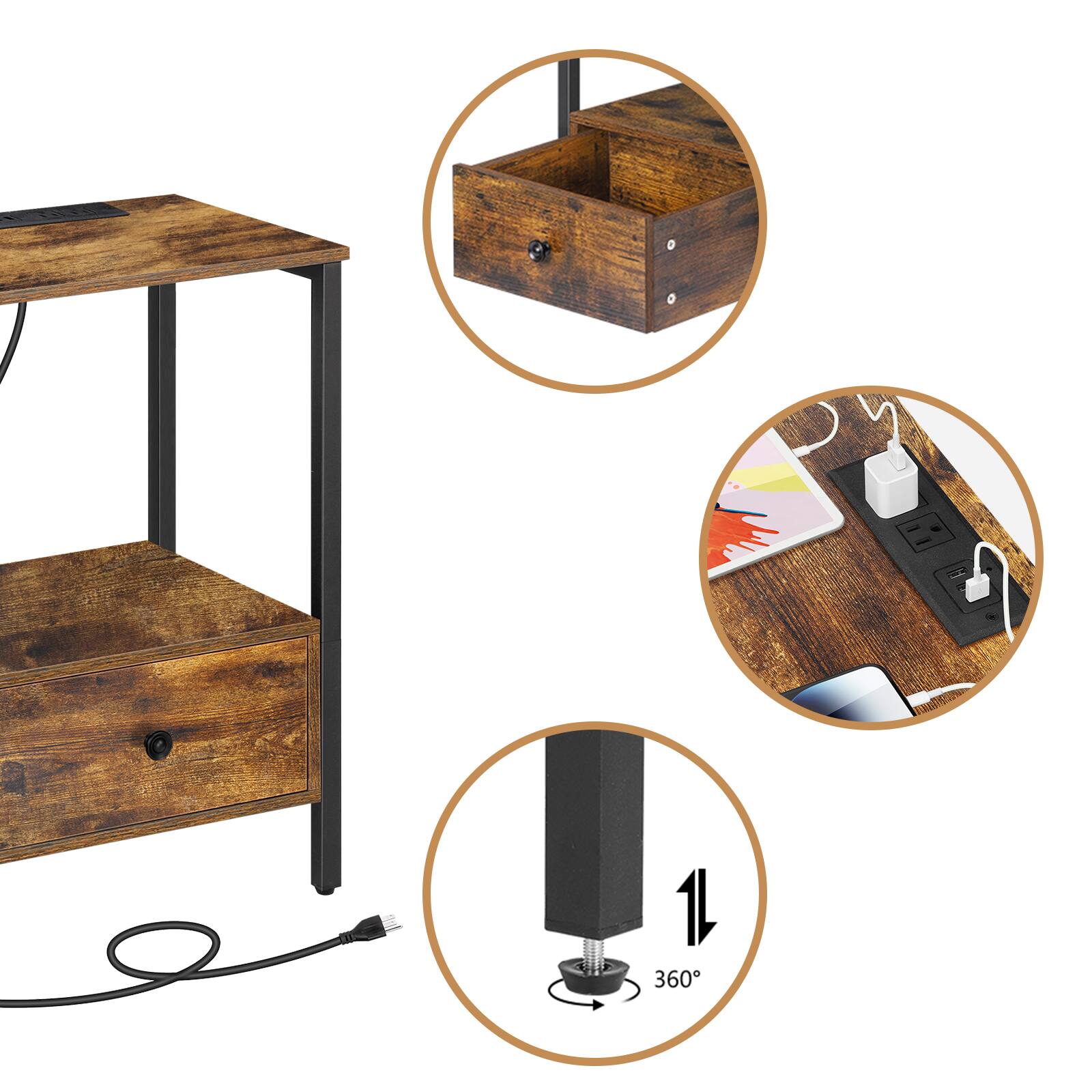 Left. Oumilen - End Table with Built-In Charging Station & Wood Drawer (Set of 2), Brown - Brown.