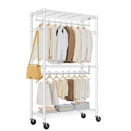 ALEXOUN - 3 Tiers Heavy Duty Rolling Garment Rack -15.7" x 29.5"x 74.5",Adjustable Wire Shelving, Clothes Rack with 2 Rods & Hooks - White