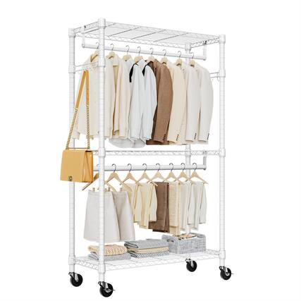 Front. ALEXOUN - 3 Tiers Heavy Duty Rolling Garment Rack -15.7" x 29.5"x 74.5",Adjustable Wire Shelving, Clothes Rack with 2 Rods & Hooks - White.
