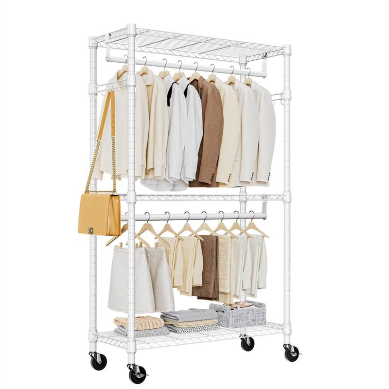 Front. ALEXOUN - 3 Tiers Heavy Duty Rolling Garment Rack -15.7" x 29.5"x 74.5",Adjustable Wire Shelving, Clothes Rack with 2 Rods & Hooks - White.