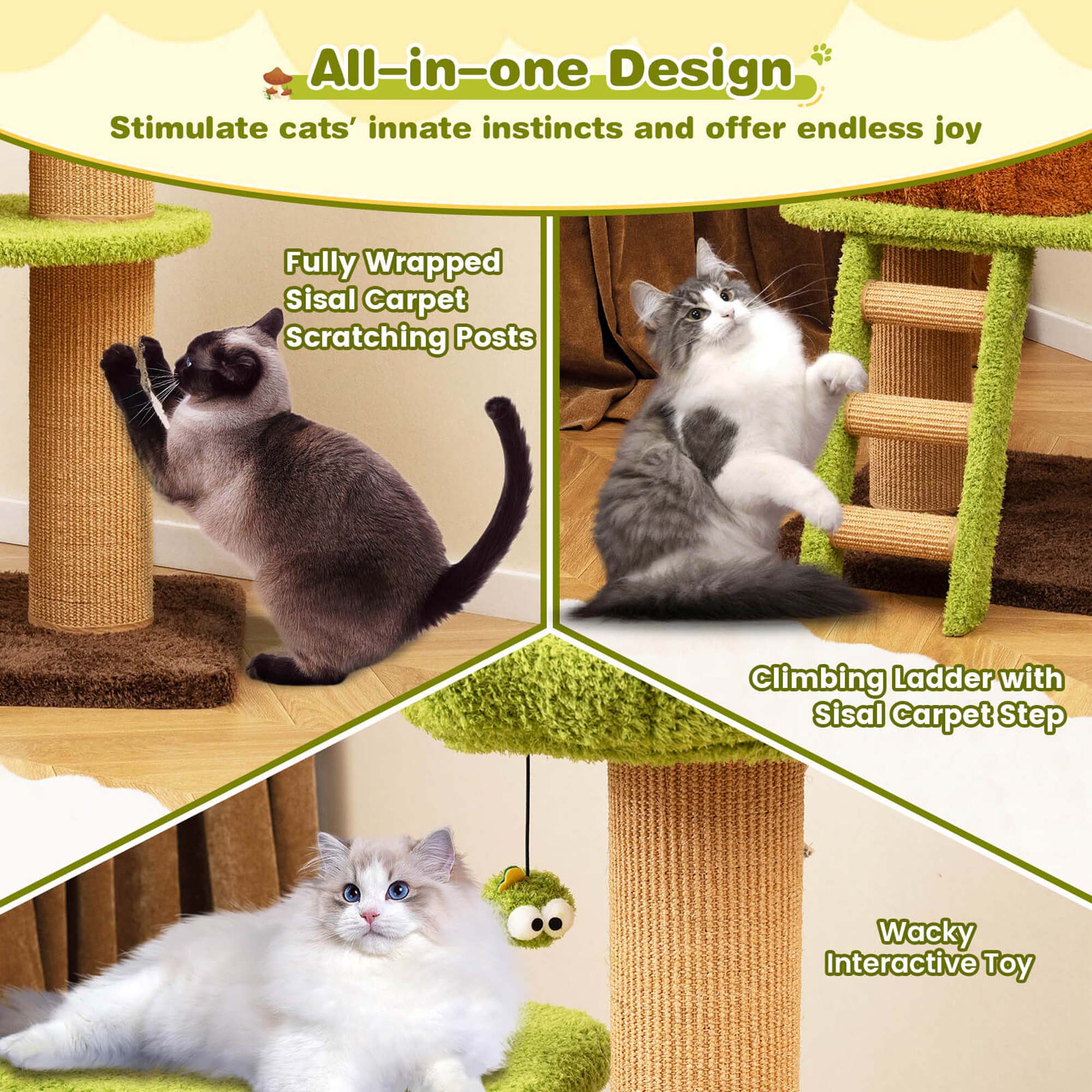 All-in-one Design
Stimulate cats' innate instincts and offer endless joy
Fully Wrapped Sisal Carpet Scratching Posts
Climbing Ladder with sisal Carpet Step
Wacky Interactive Toy