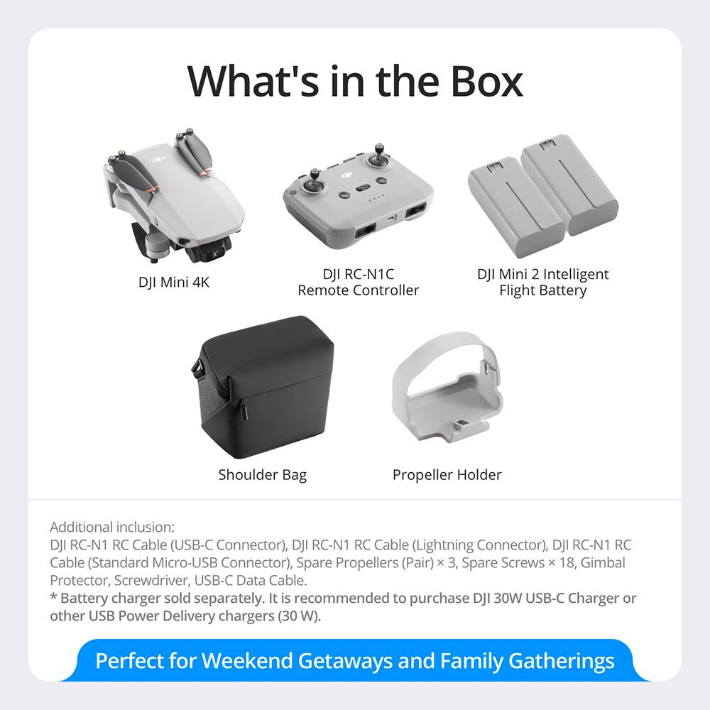 What's in the Box

- DJI Mini 4K
- DJI RC-N1C Remote Controller
- DJI Mini 2 Intelligent Flight Battery
- Shoulder Bag
- Propeller Holder

Additional inclusion:
- DJI RC-N1 RC Cable (USB-C Connector)
- DJI RC-N1 RC Cable (Lightning Connector)
- DJI RC-N1 RC Cable (Standard Micro-USB Connector)
- Spare Propellers (Pair) x 3
- Spare Screws x 18
- Gimbal Protector
- Screwdriver
- USB-C Data Cable

*Battery charger sold separately. It is recommended to purchase DJI 30W USB-C Charger or other USB Power Delivery chargers (30 W).

Perfect for Weekend Getaways and Family Gatherings