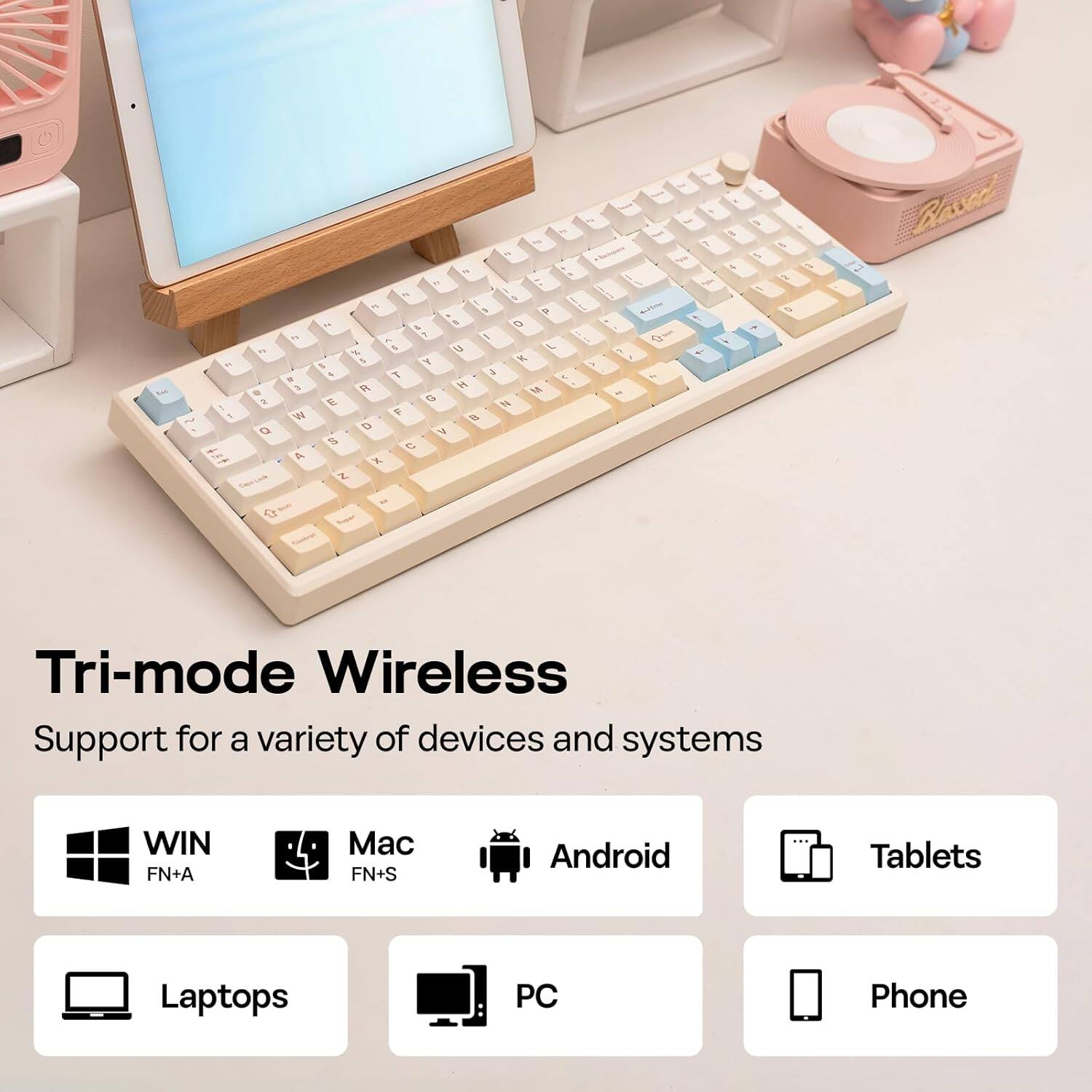 Tri-mode Wireless  
Support for a variety of devices and systems  
WIN FN+A  
Mac FN+S  
Android  
Tablets  
Laptops  
PC  
Phone
