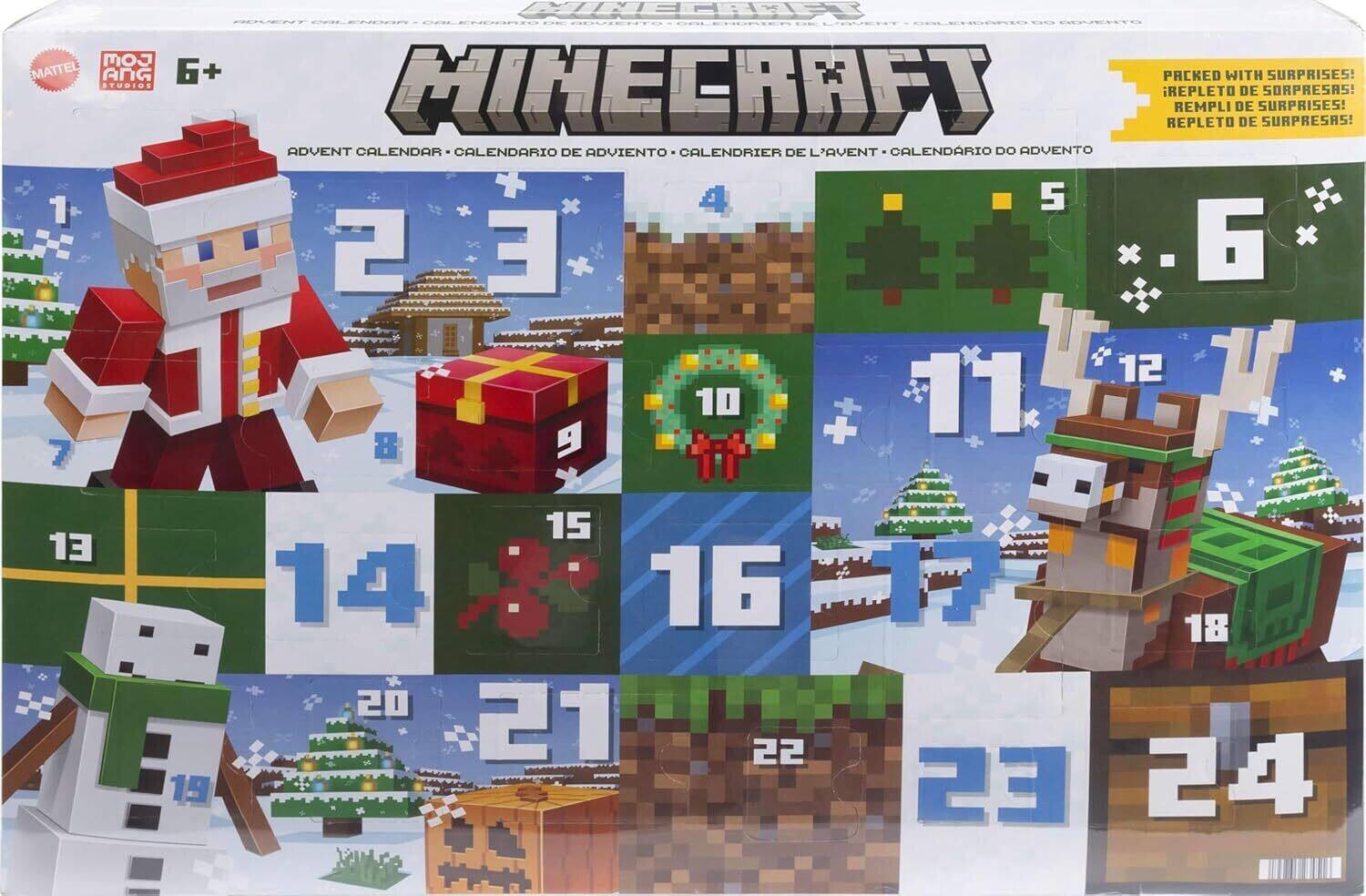 The text on the image is:

"Minecraft Advent Calendar - Calendario de Adviento - Calendrier de l'Avent - Calendário do Advento. Packed with surprises! Repleto de sorpresas! Rempli de surprises! Repleto de sorpresas!"

The numbers on the calendar are:

1, 2, 3, 4, 5, 6, 7, 8, 9, 10, 11, 12, 13, 14, 15, 16, 17, 18, 19, 20, 21, 22, 23, 24.