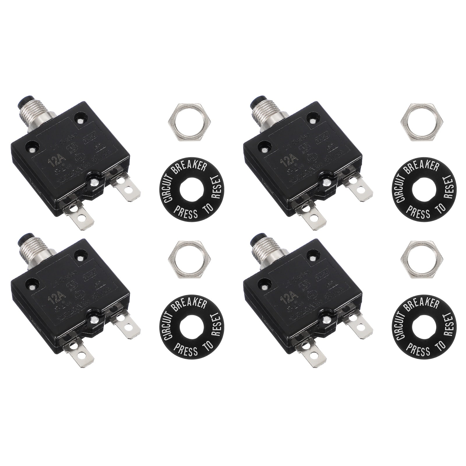 Unique Bargains - 4pcs 12A Push Button Circuit Breaker, 125/250V AC,50V DC, Manual Reset Thermal Overload Protector for Industrial - Black