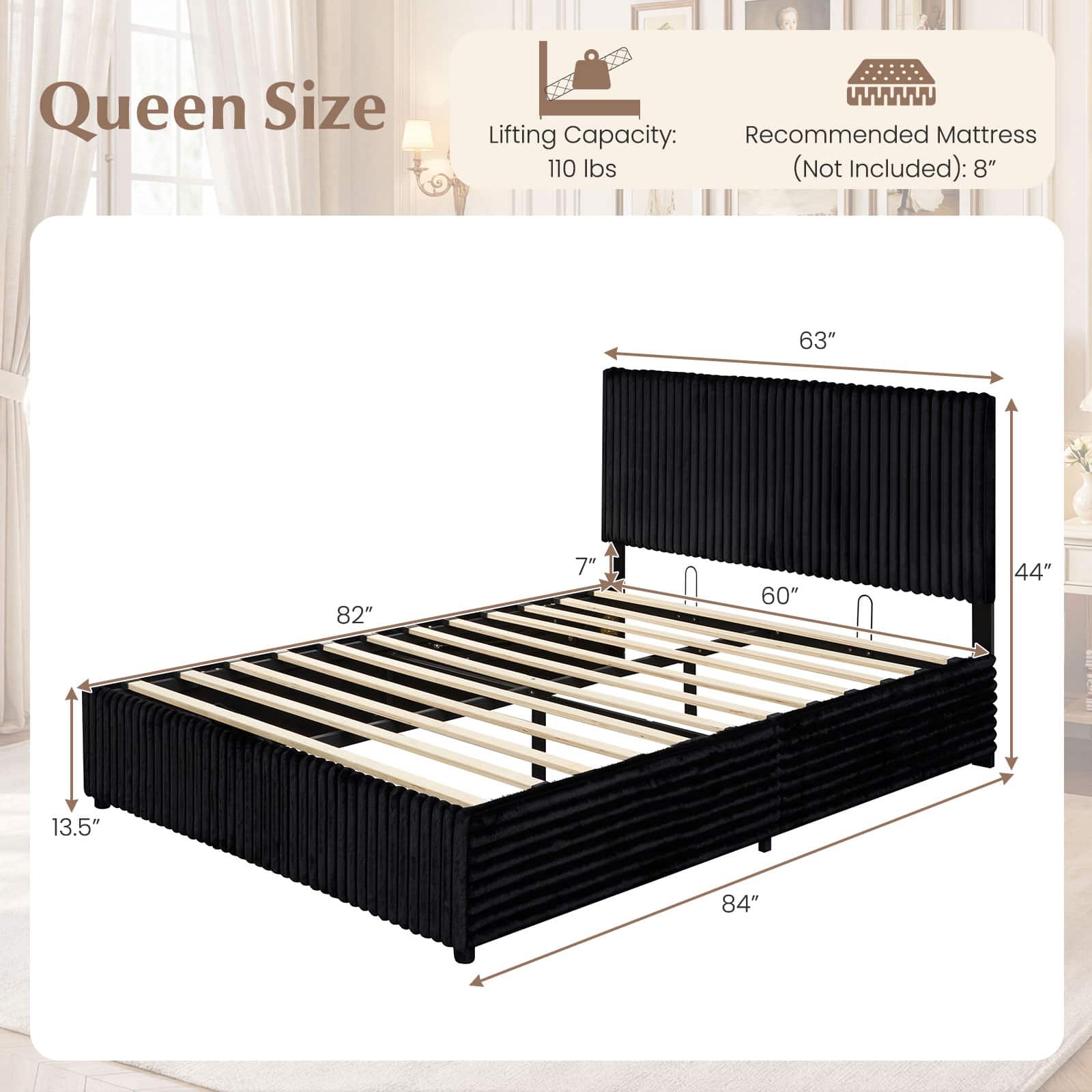 Gymax Queen Size Lift up Storage Bed w/Hydraulic Lifts Wooden Slat