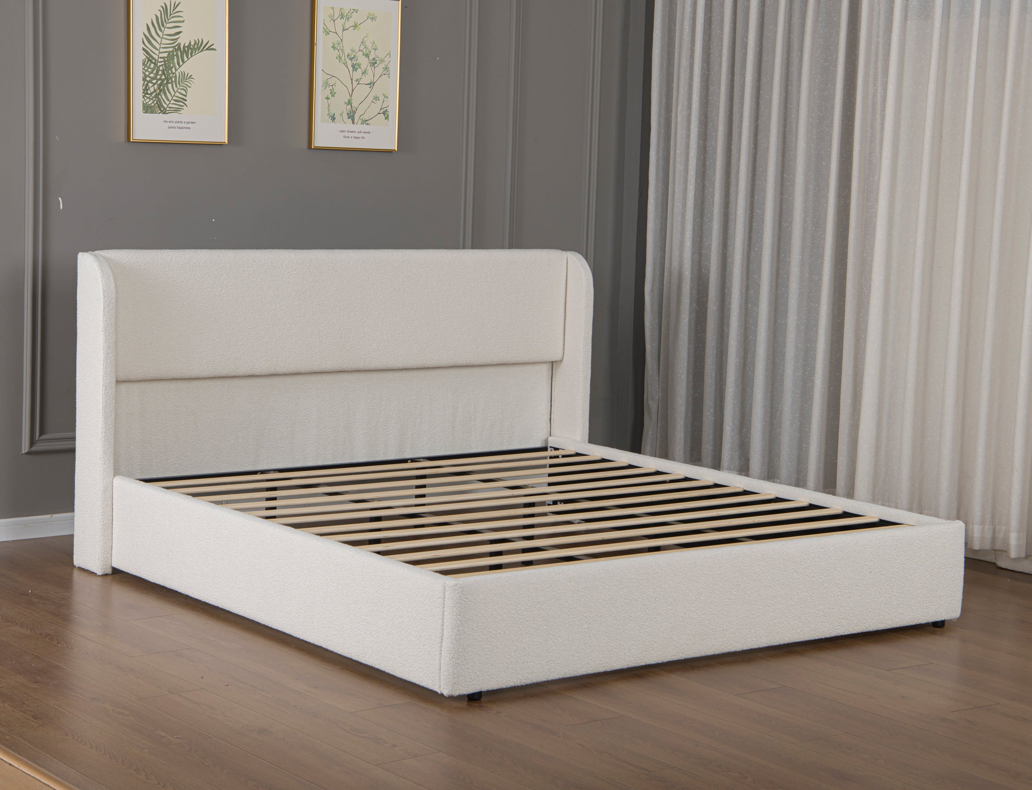 LUCKY ONE King Size Upholstered Bed Frame with Headboard White LO