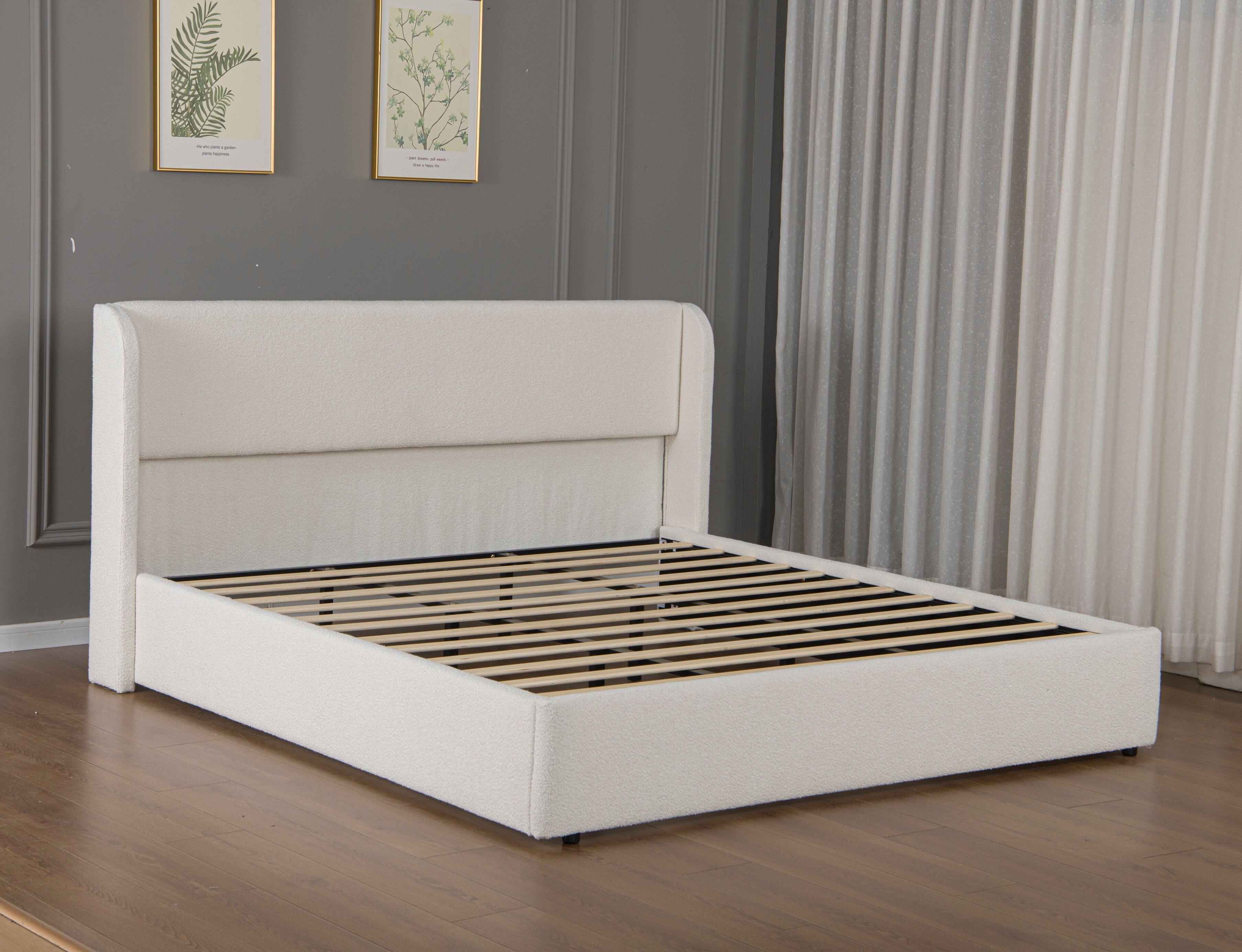 Alt View 1. LUCKY ONE - King Size Upholstered Bed Frame with Headboard - White.