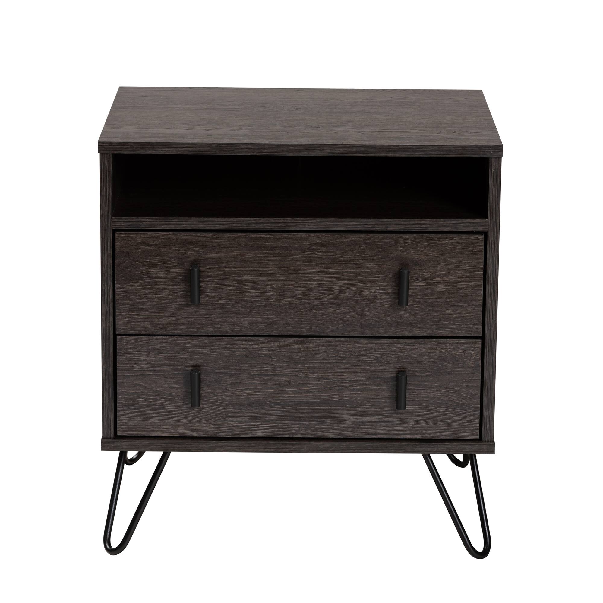 Left. Baxton Studio - Glover Modern and Contemporary Dark Brown Finished Wood and Metal 2-Drawer Nightstand - Dark Brown/Black.