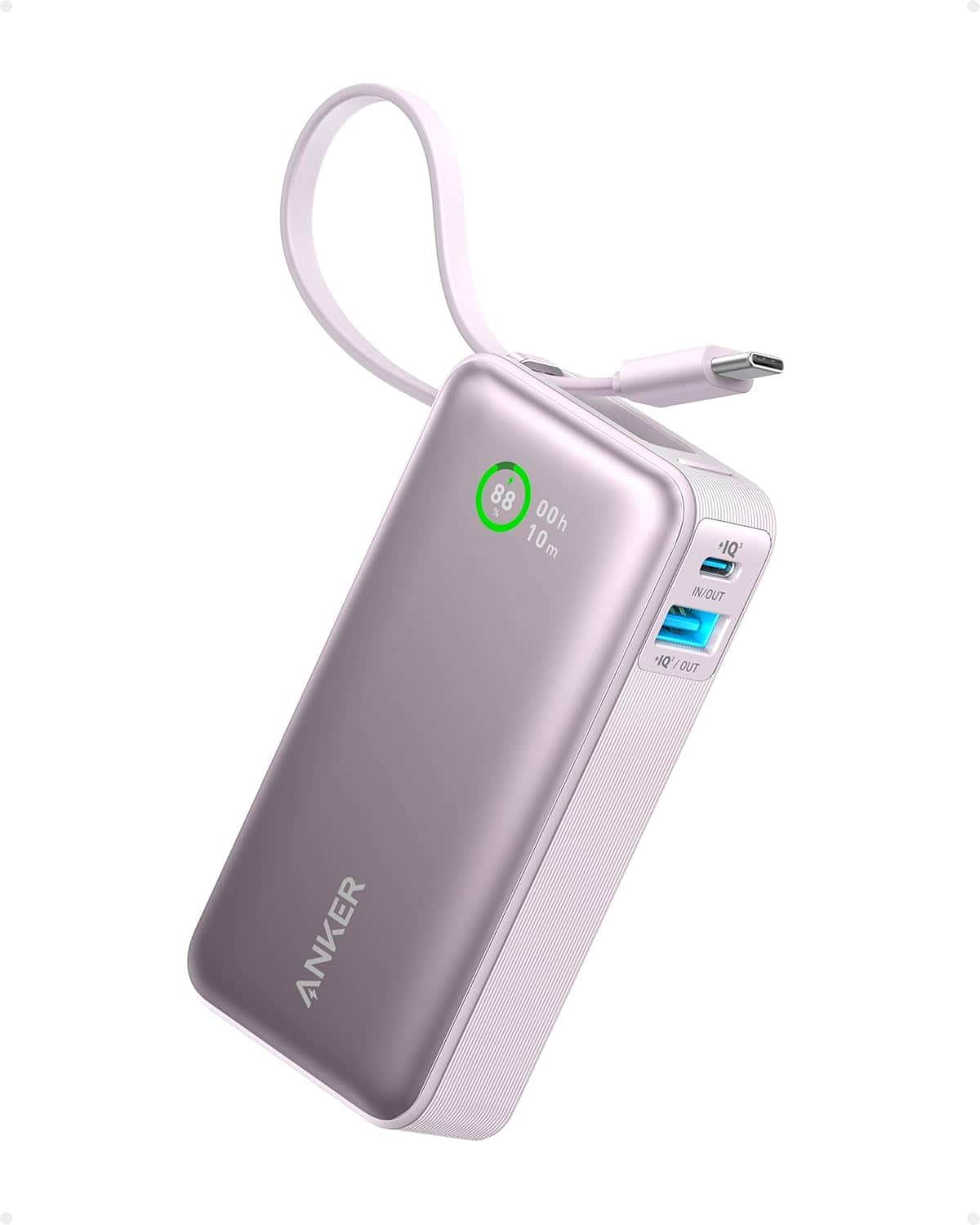 Anker - Nano Power Bank, 10,000mAh Portable Charger with Built-in USB-C Cable - Purple
