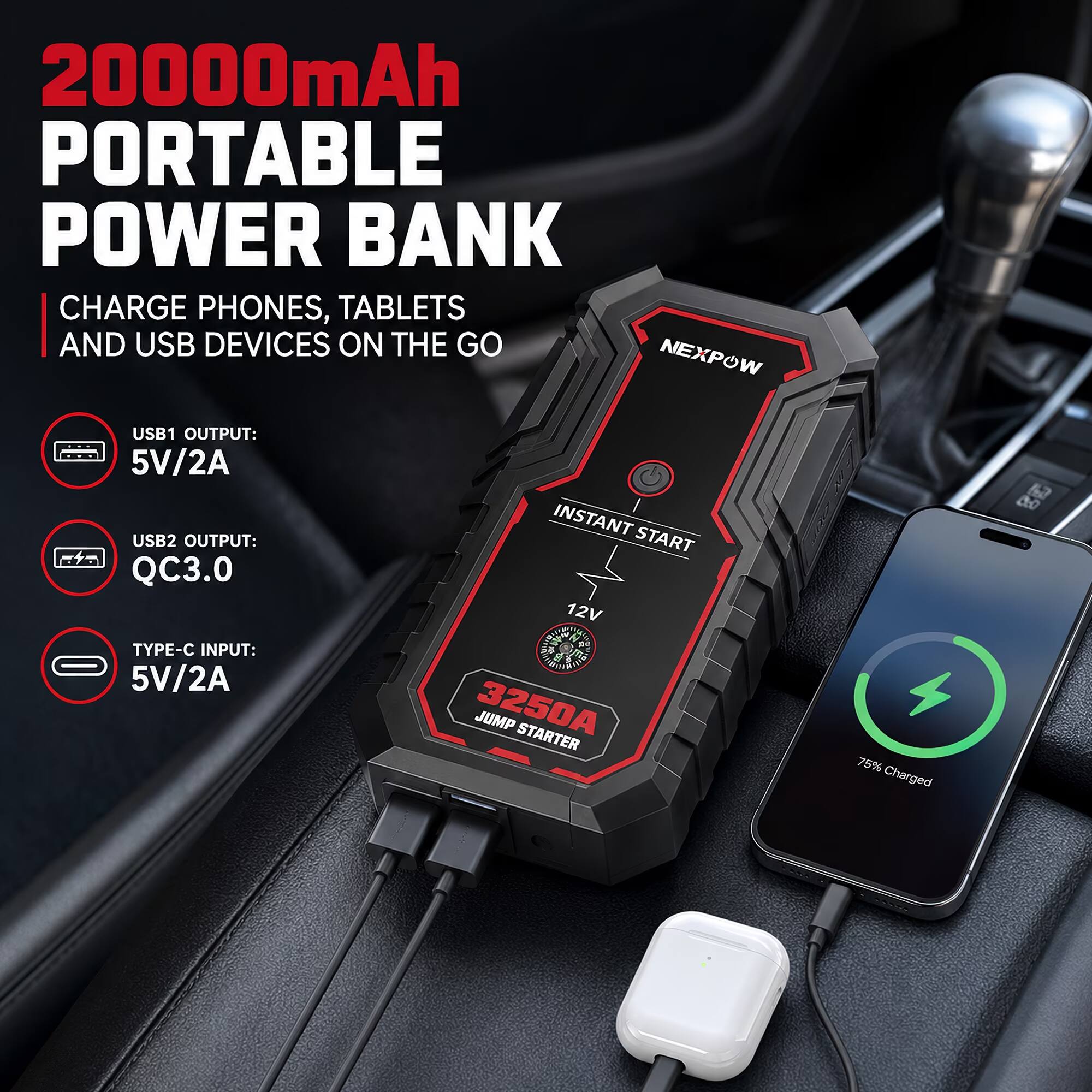 20000mAh PORTABLE POWER BANK
CHARGE PHONES, TABLETS AND USB DEVICES ON THE GO

USB1 OUTPUT: 5V/2A
USB2 OUTPUT: QC3.0
TYPE-C INPUT: 5V/2A

INSTANT START 12V
JUMP STARTER
3250A

75% Charged