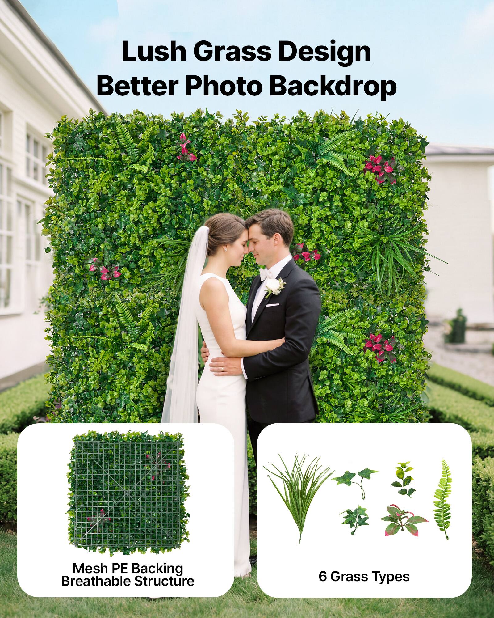 Lush Grass Design  
Better Photo Backdrop  

Mesh PE Backing  
Breathable Structure  

6 Grass Types