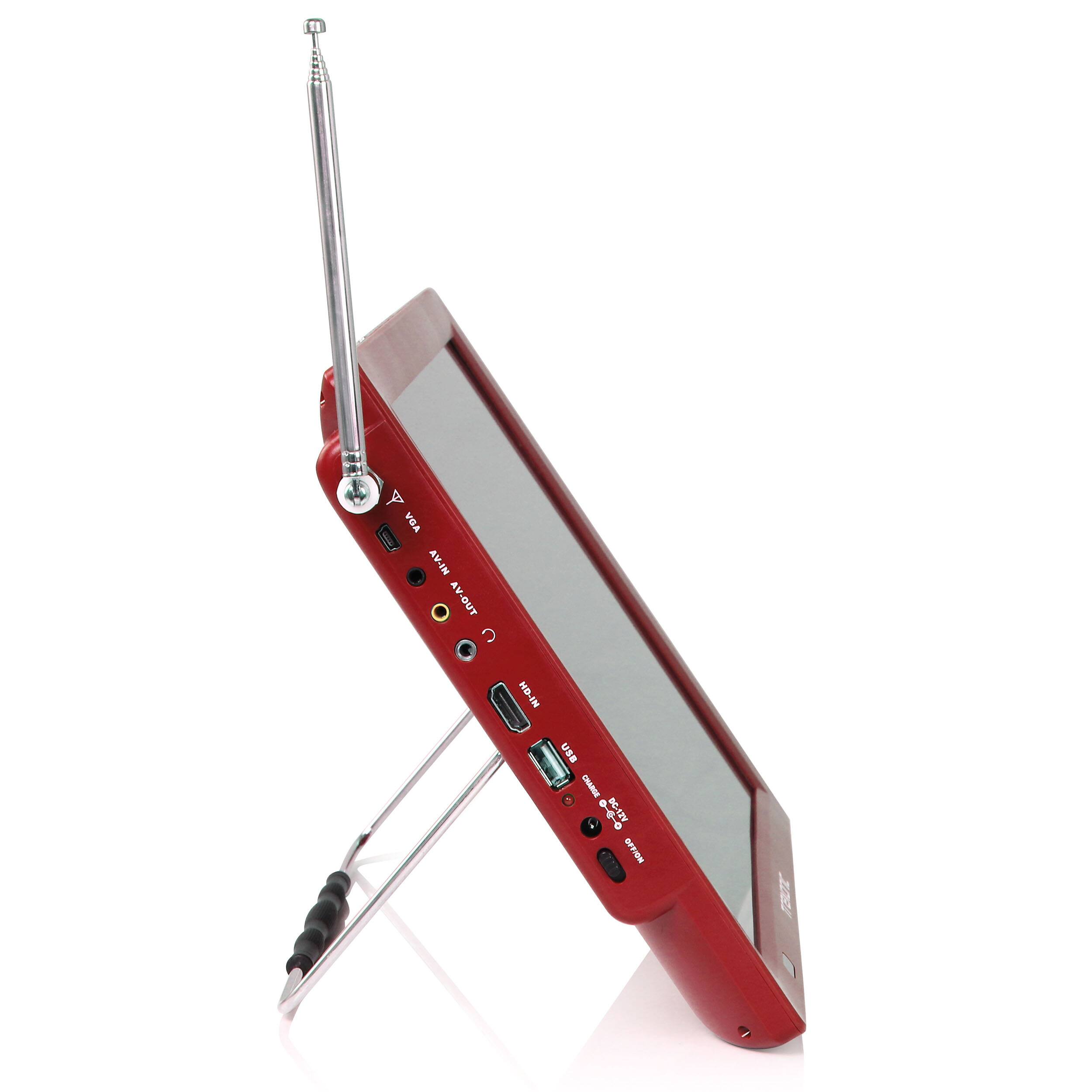 The image features a red device with a USB port and a VGA port. The device also has a HD-IN port and an AV-IN port. Additionally, there is an AV-OUT port on the device.