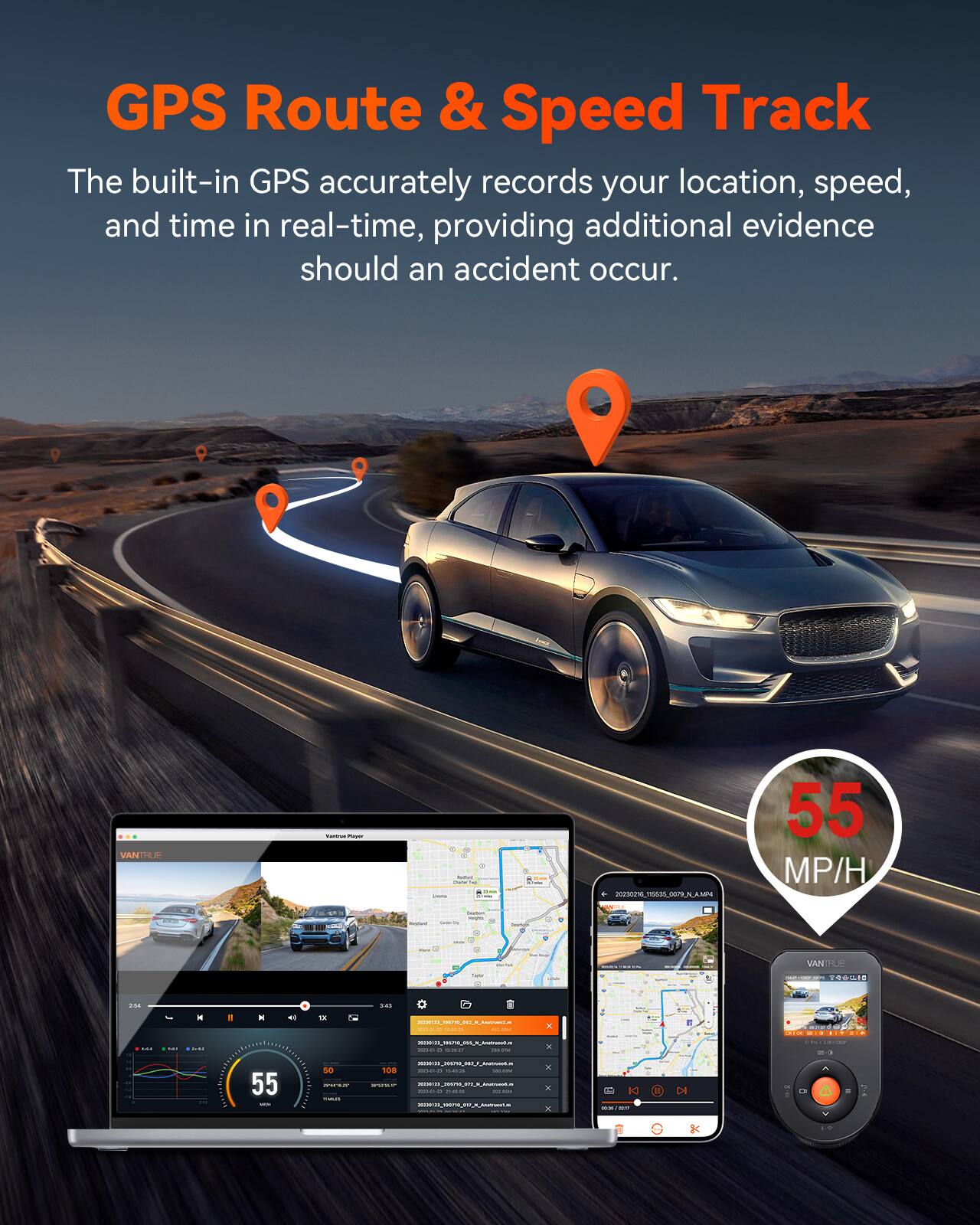 GPS Route & Speed Track

The built-in GPS accurately records your location, speed, and time in real-time, providing additional evidence should an accident occur.