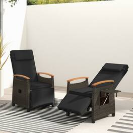 Costway - 2 PCS Patio Wicker Recliner Chair with Adjustable Backrest & Footrest Flip Side Table - Mix Brown + Black