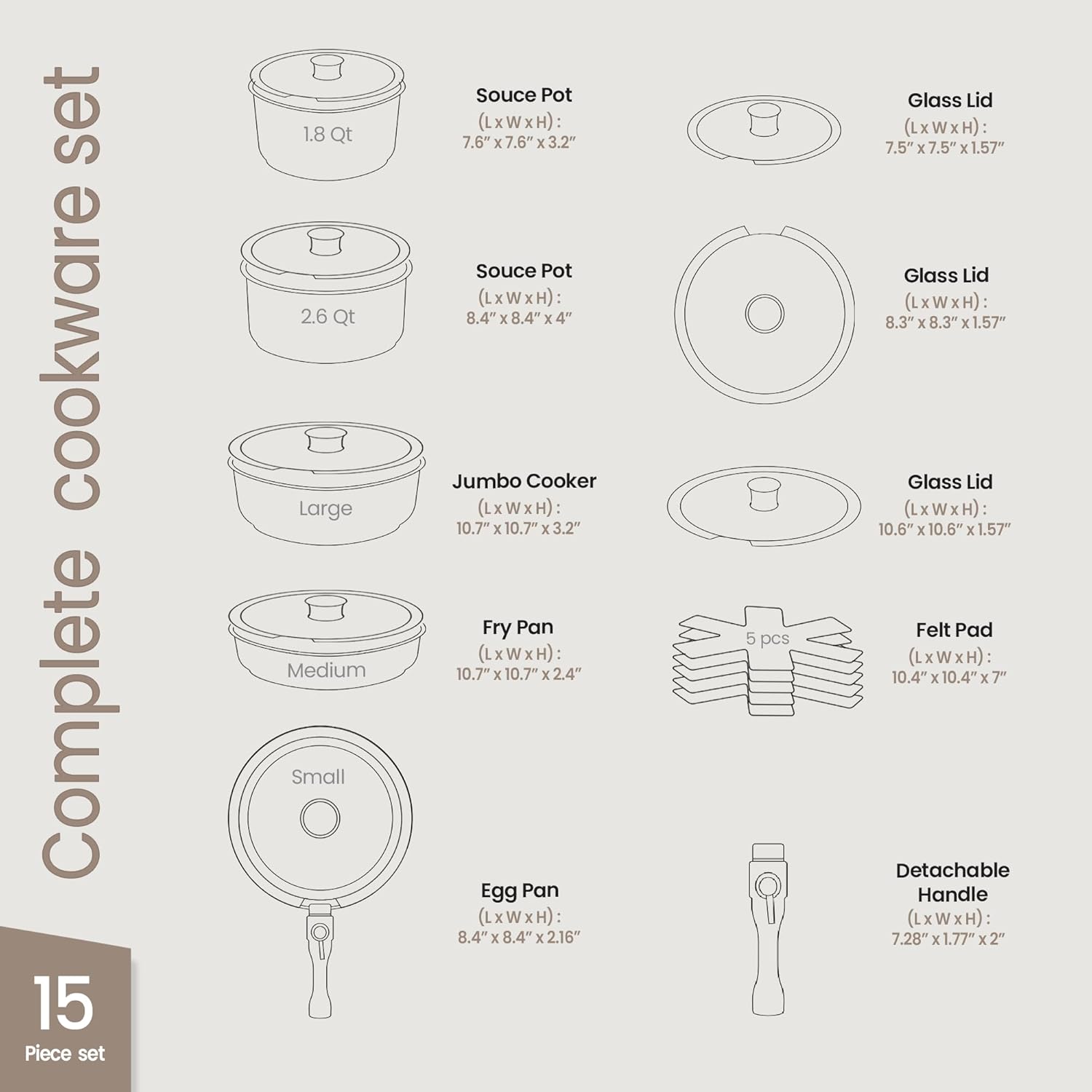 Complete Cookware Set  
15 Piece Set  

- 1.8 Qt Sauce Pot (LxWxH): 7.6"x7.6"x3.2"  
- 2.6 Qt Sauce Pot (LxWxH): 8.4"x8.4"x4"  
- Jumbo Cooker (LxWxH): 10.7"x10.7"x3.2"  
- Fry Pan (LxWxH): 10.7"x10.7"x2.4"  
- Egg Pan (LxWxH): 8.4"x8.4"x2.16"  

Glass Lids:  
- (LxWxH): 7.5"x7.5"x1.57"  
- (LxWxH): 8.3"x8.3"x1.57"  
- (LxWxH): 10.6"x10.6"x1.57"  

Felt Pad (LxWxH): 10.4"x10.4"x7"  

Detachable Handle (LxWxH): 