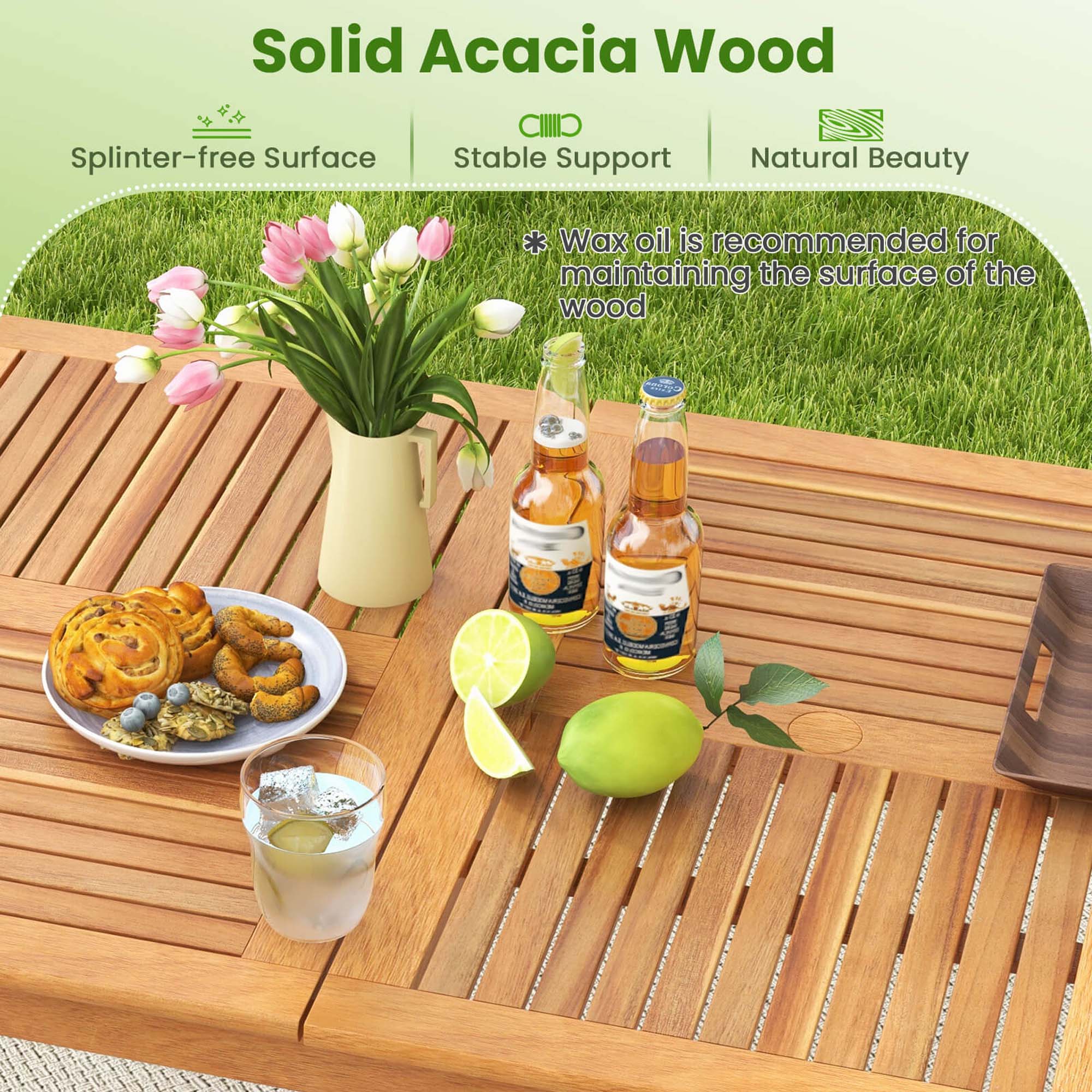 Solid Acacia Wood is a splinter-free surface that provides stable support and natural beauty. The wax oil is recommended for maintaining the surface of the wood, ensuring its longevity and preserving its aesthetic appeal.
