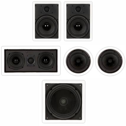 Front. Theater Solutions by Goldwood - TST85 in Wall and in Ceiling 8" Speakers Home Theater 5.1 Speaker System - Paintable White.