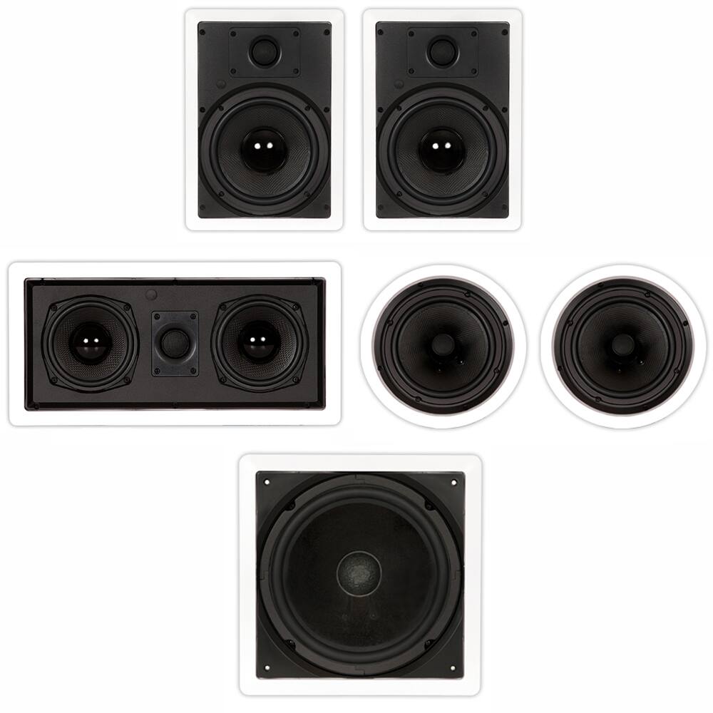 Front. Theater Solutions by Goldwood - TST85 in Wall and in Ceiling 8" Speakers Home Theater 5.1 Speaker System - Paintable White.