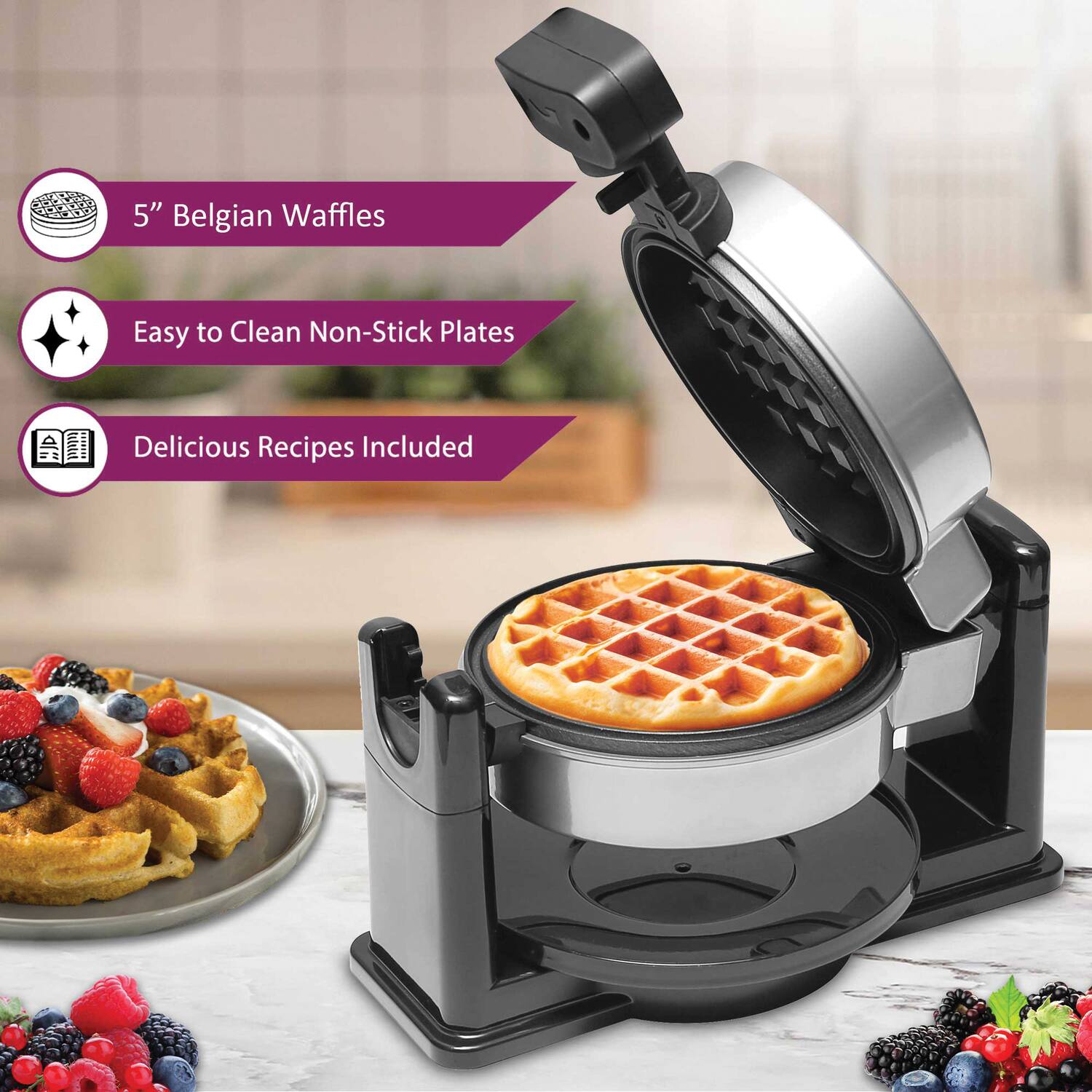 5" Belgian Waffles  
Easy to Clean Non-Stick Plates  
Delicious Recipes Included