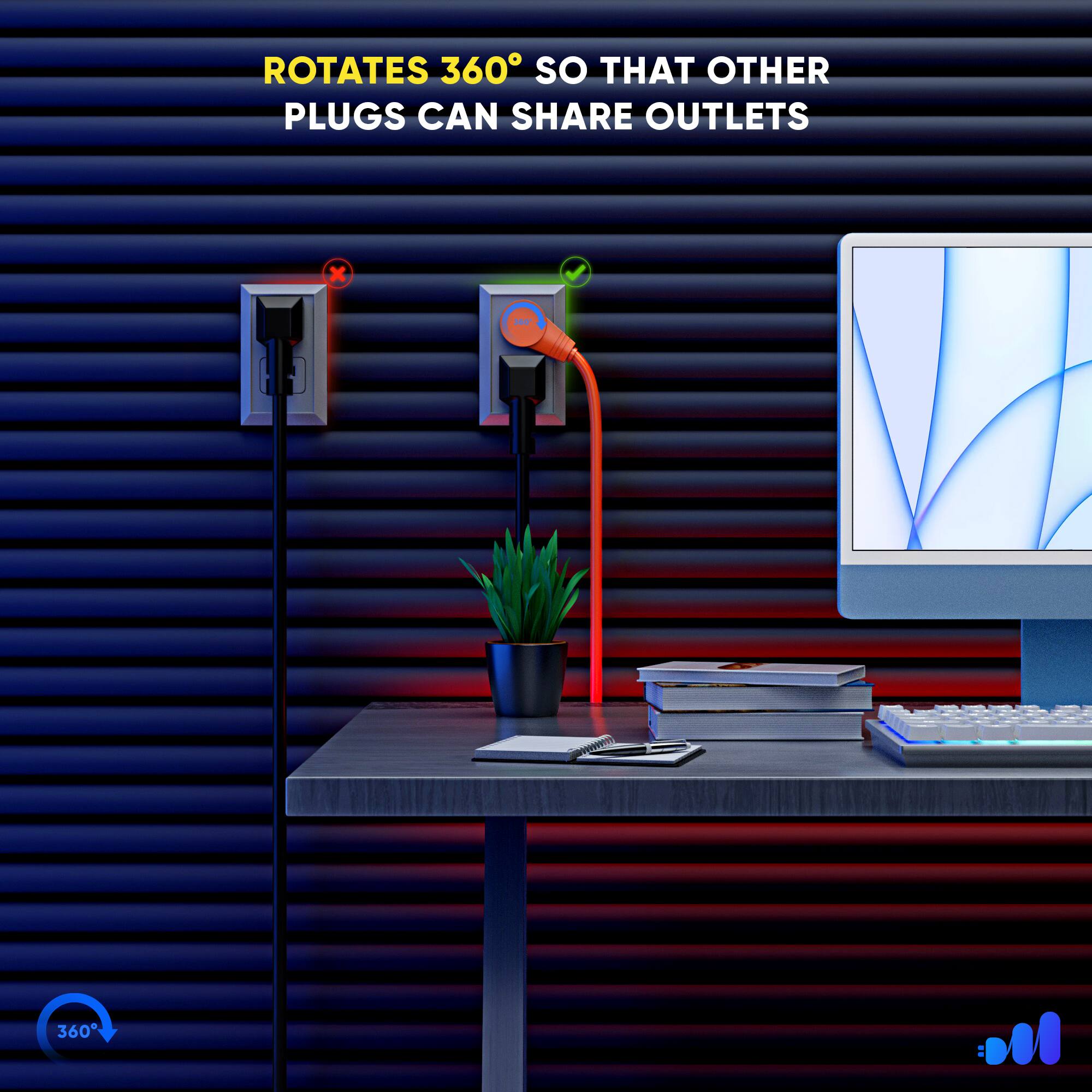 ROTATES 360° SO THAT OTHER PLUGS CAN SHARE OUTLETS 360°