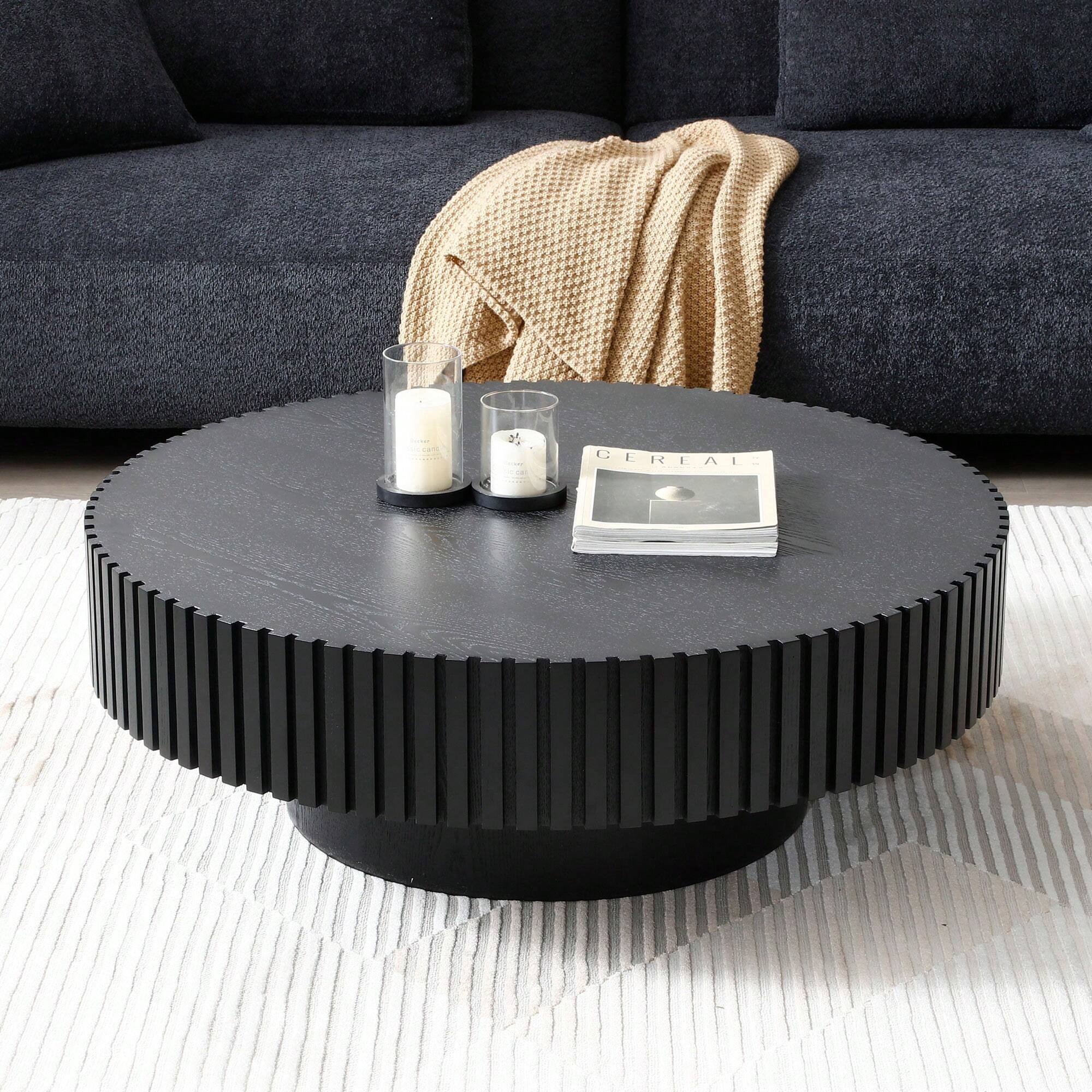Angle. Trinkets Crazed - 31.49" Round Coffee Table Wood, Circle Coffee Table,Drum Fluted Coffee Accent End Side Center Table - Black.