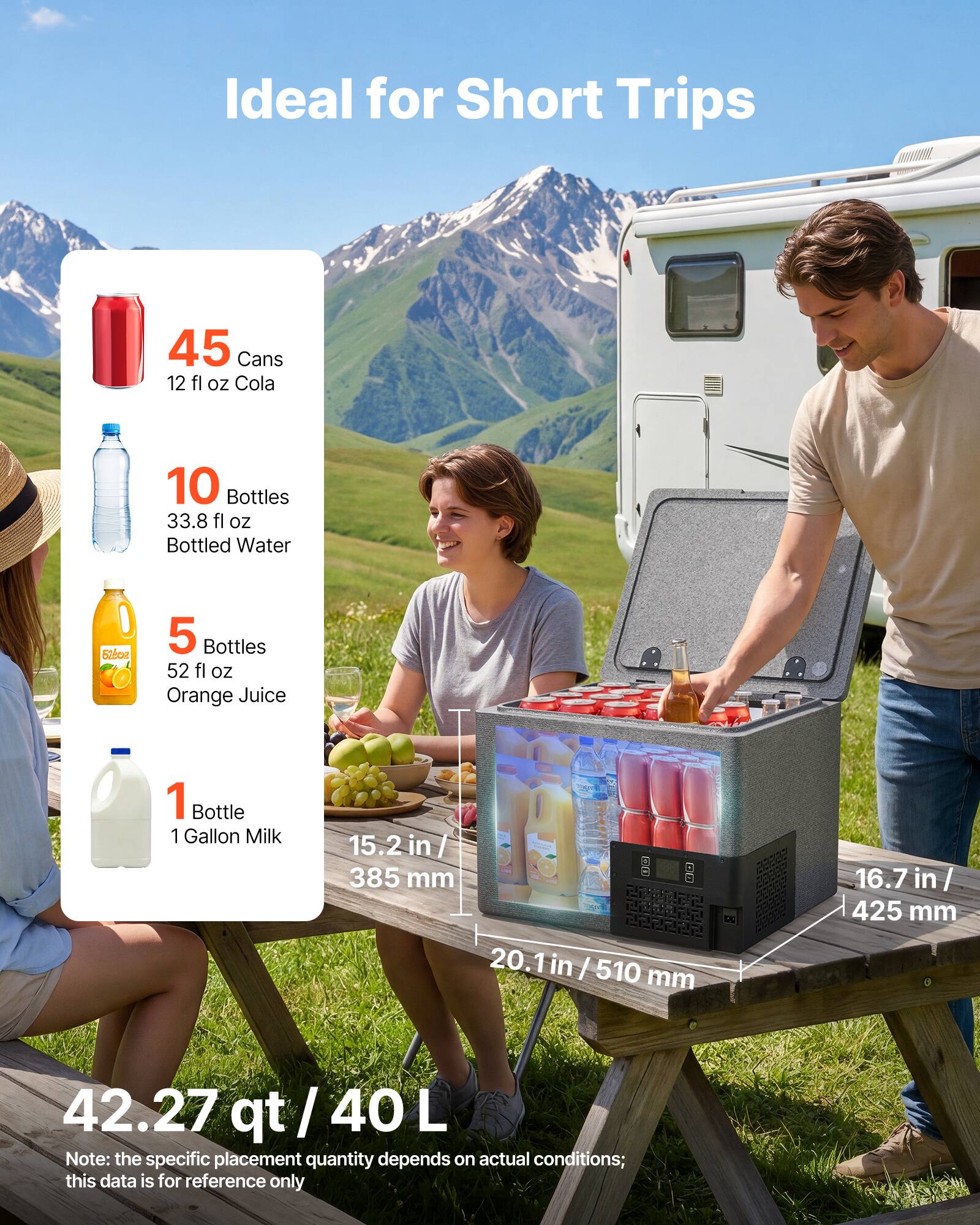 Ideal for Short Trips

45 Cans 12 fl oz Cola  
10 Bottles 33.8 fl oz Bottled Water  
5 Bottles 52 fl oz Orange Juice  
1 Bottle 1 Gallon Milk  

15.2 in / 385 mm  
20.1 in / 510 mm  
16.7 in / 425 mm  

42.27 qt / 40 L  

Note: the specific placement quantity depends on actual conditions; this data is for reference only