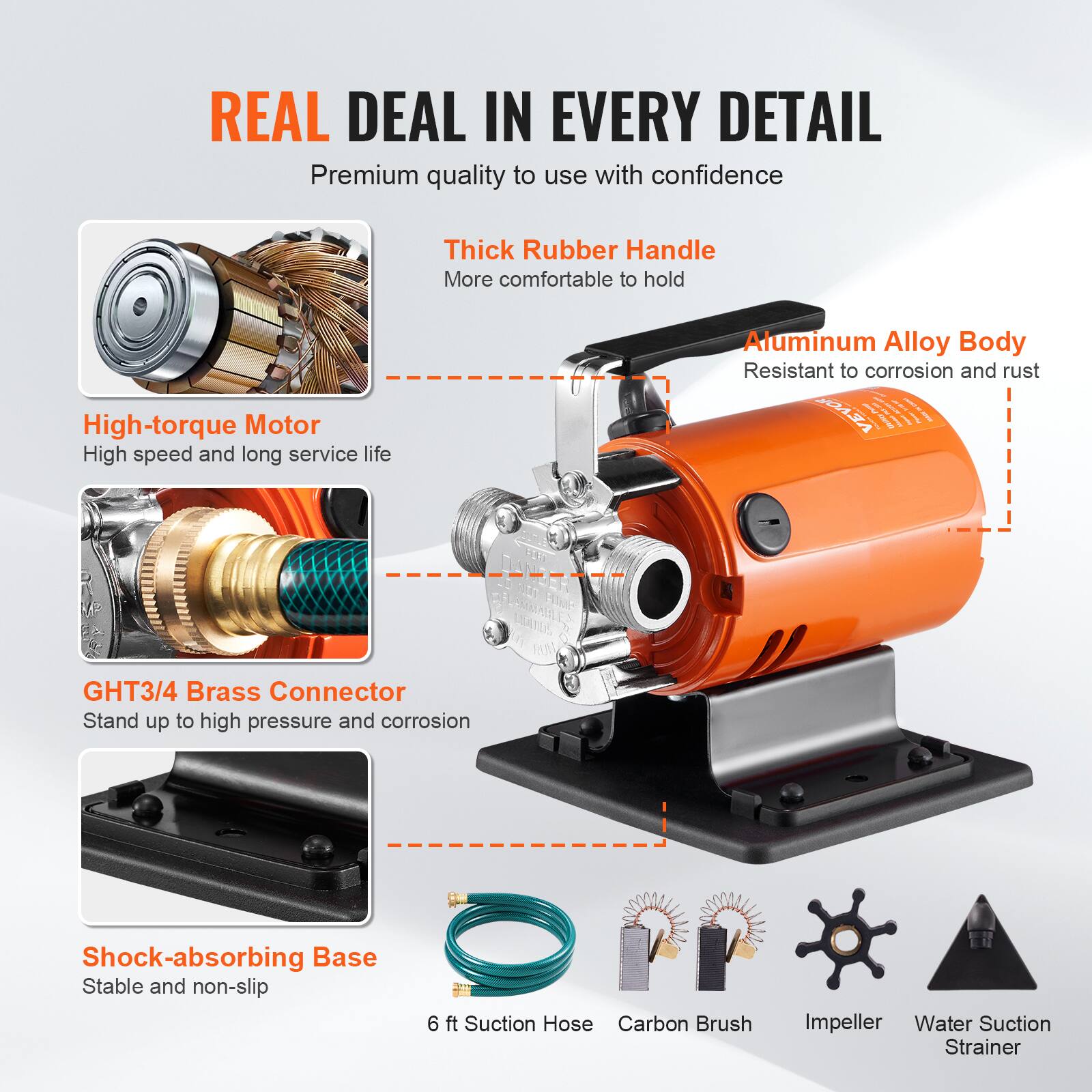 REAL DEAL IN EVERY DETAIL  
Premium quality to use with confidence

- Thick Rubber Handle  
  More comfortable to hold

- High-torque Motor  
  High speed and long service life

- Aluminum Alloy Body  
  Resistant to corrosion and rust

- GHT3/4 Brass Connector  
  Stand up to high pressure and corrosion

- Shock-absorbing Base  
  Stable and non-slip

- 6 ft Suction Hose  
- Carbon Brush  
- Impeller  
- Water Suction Strainer