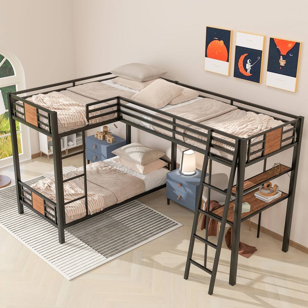 Left. Loheer - Loheer L-Shaped Twin Over Twin Bunk Bed with Loft Bed Desk and Shelves Black Metal - Black.
