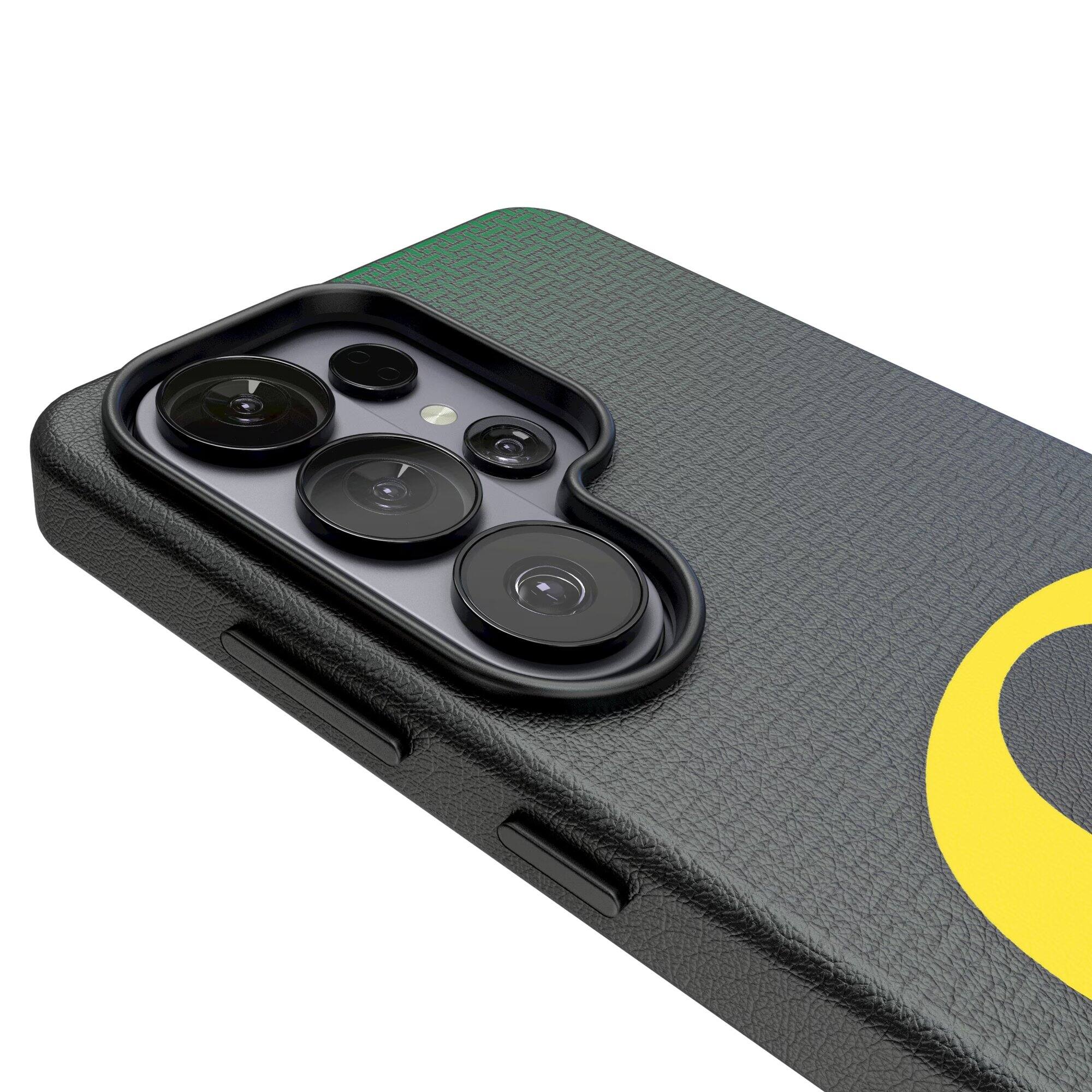 Alt View 2. Keyscaper - Oregon Ducks Linen Galaxy Magnetic Bump Case - S26 Plus - Black.