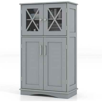 Front. Hivvago - Grey Bathroom Towel Linen Cabinet with Glass Doors and Storage Shelves - Grey.