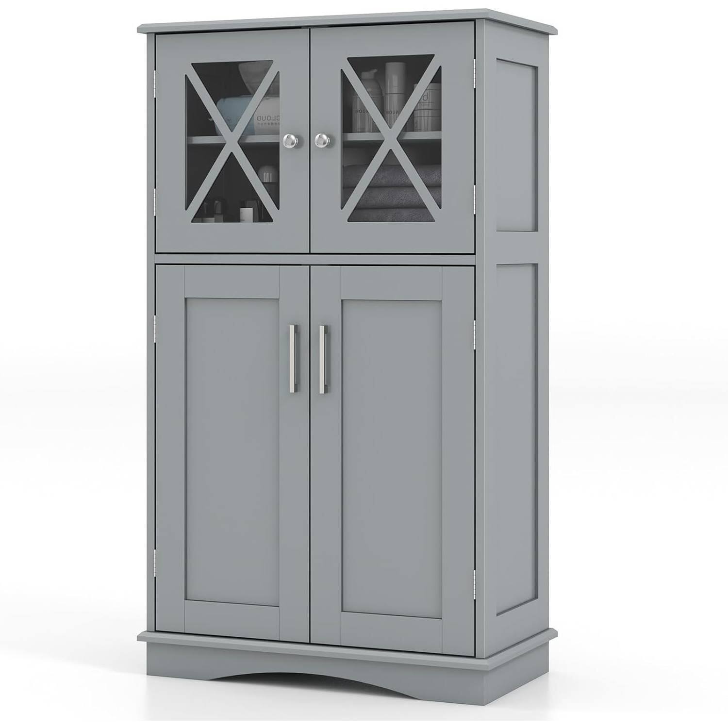 Front. Hivvago - Grey Bathroom Towel Linen Cabinet with Glass Doors and Storage Shelves - Grey.