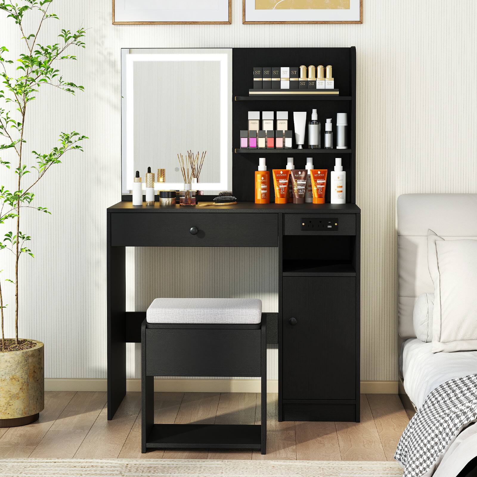 Alt View 2. Costway - Costway Vanity Desk Set with Mirror & Lights Power Outlet Cushioned Stool Drawer & Shelves Black - Black.
