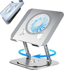 HongFei - Laptop Cooling Stand with 360° Swivel Base, 10" Adjustable Height, Aluminum, Supports 22lbs, 10-17" Laptops - SILVER swival stand Fan