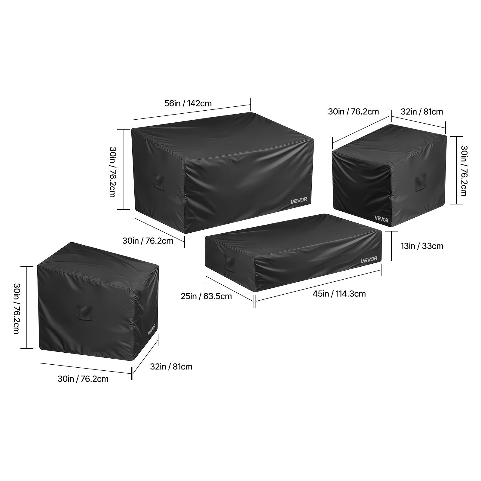 56in / 142cm, 30in / 76.2cm, 32in / 81cm, 30in / 76.2cm, 25in / 63.5cm, 45in / 114.3cm, 13in / 33cm